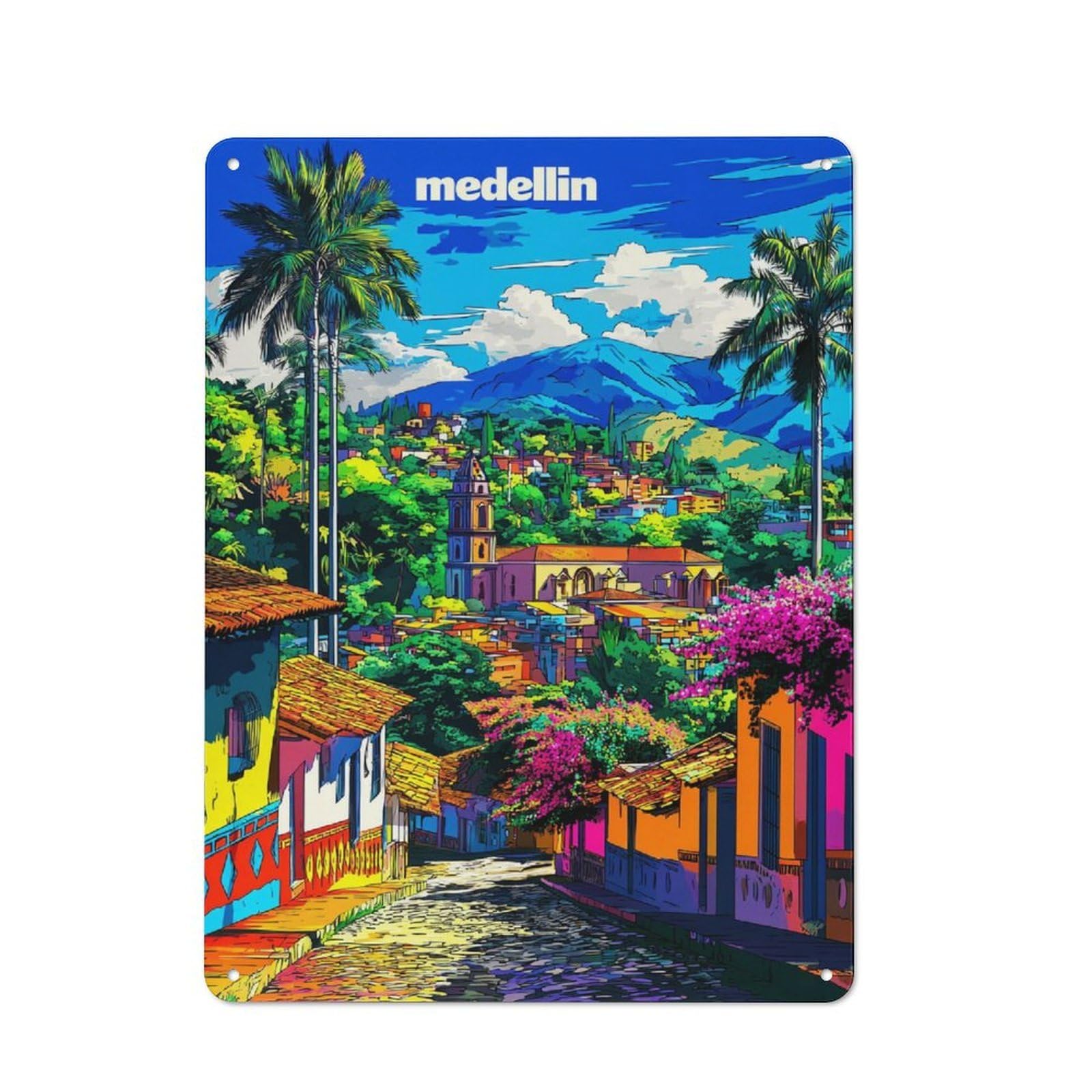Tin Wall Plaque 40x30cm with Colorful Streets of Medellin, Colombia for Café Or Home Bar, New-space Wall Decor for Hospitality Decor Collectors