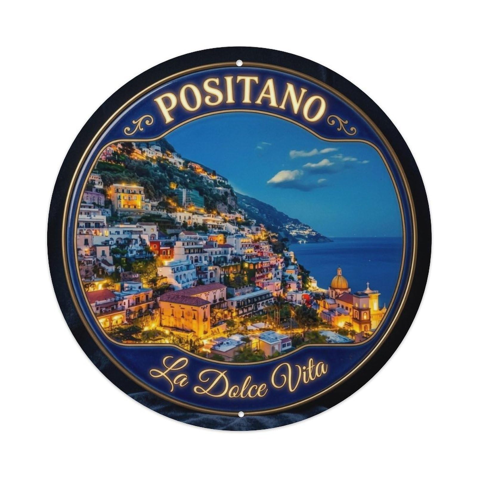 Coastal Positano Italy Tourism Heritage Scenic Landmark Metal Tin Sign Plaque Wall Decor for Cafe, Man Cave, Club Bar, Office, Home Garden Round Metal Poster 8x8Inch