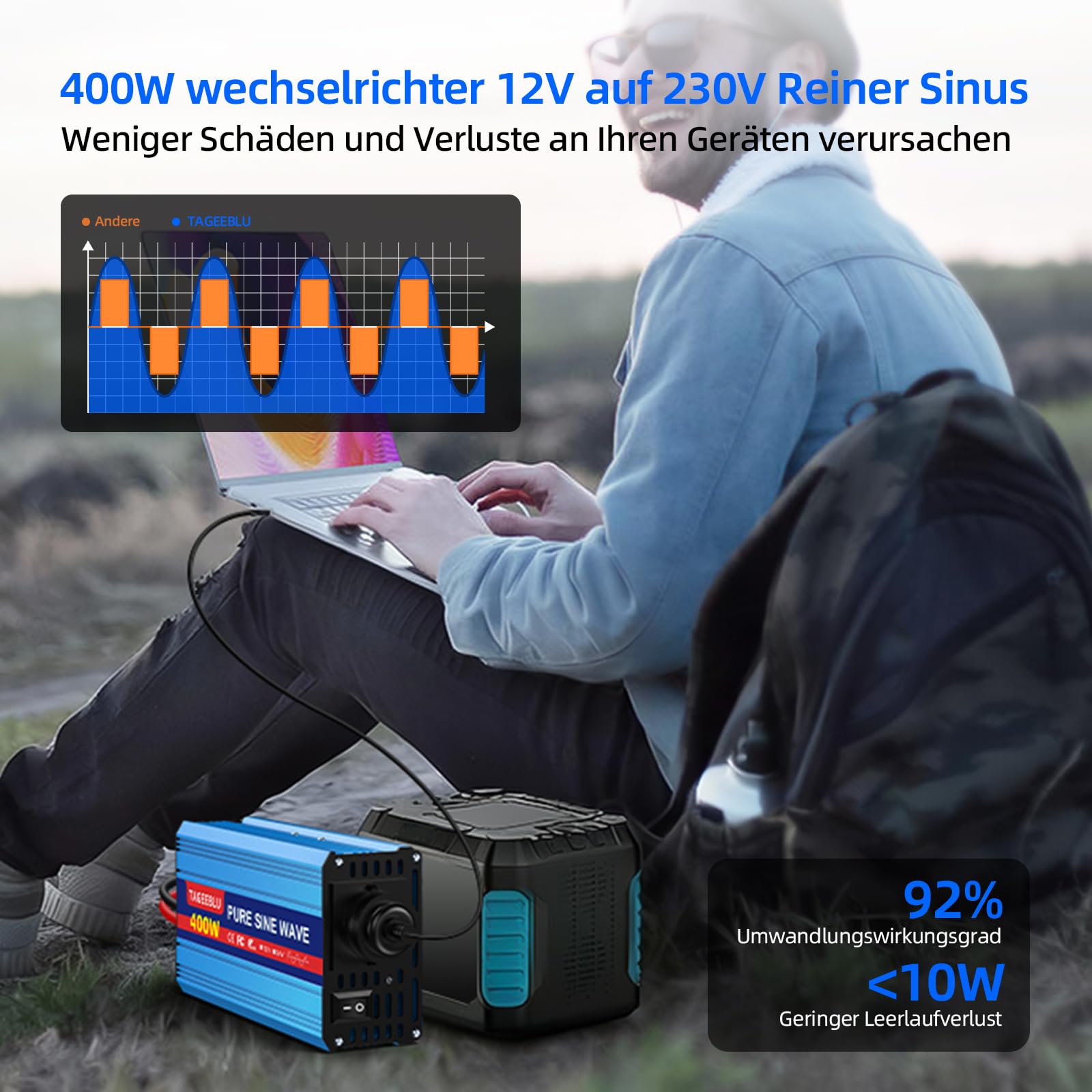 400W wechselrichter 12v auf 230v Reiner Sinus, spannungswandler 12v 230v, Wechselrichter für Fahrzeuge mit Alligatorclip, AC Steckdose und LCD Bildschirm