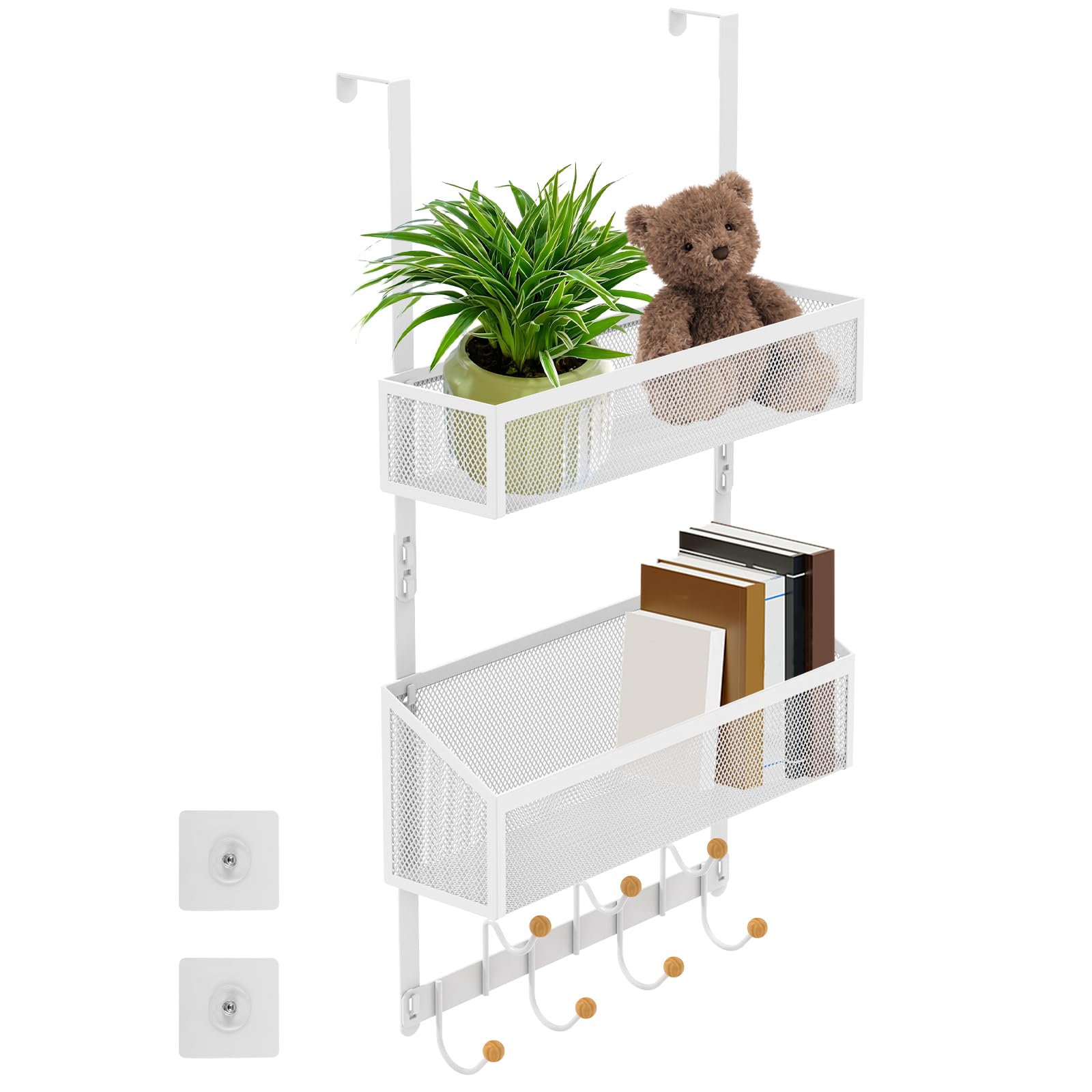Over Door Hanger Hooks over the Door Hooks for Hanging Storage Organizer Stainless Steel Coat Hangers with 7 Hook Mesh Basket Coat Rack Storage Space Saving for Bathroom Bedroom Kitchen Office(White)