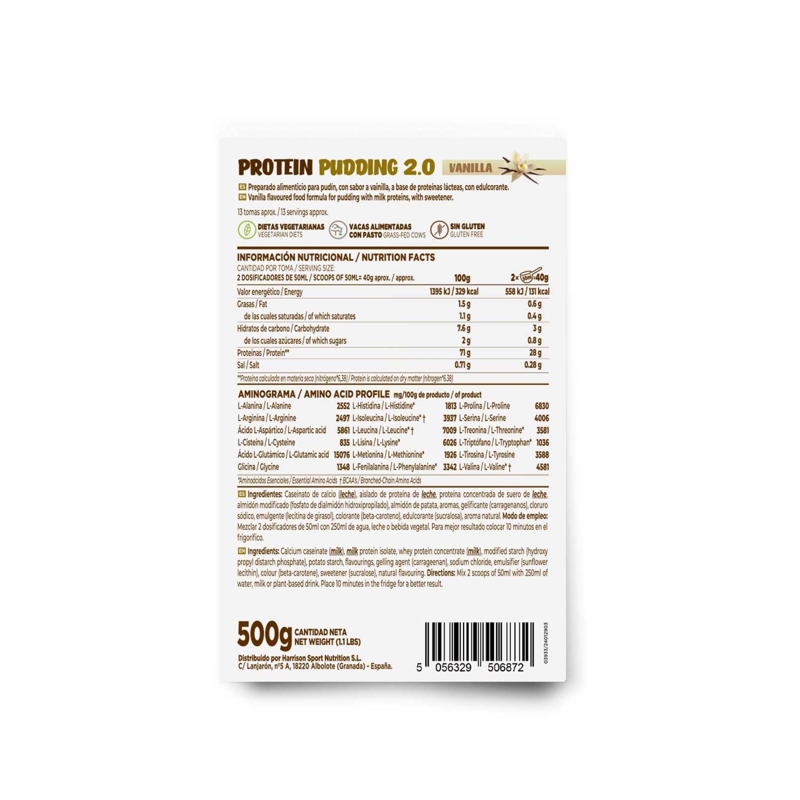 HSN Pudding protéiné 2.0 | Vanille 500 g = 13 prises par paquet | Pudding riche en protéines sans gluten et végétalien | Idéal dessert ou collation faible en calories sans sucre ajouté