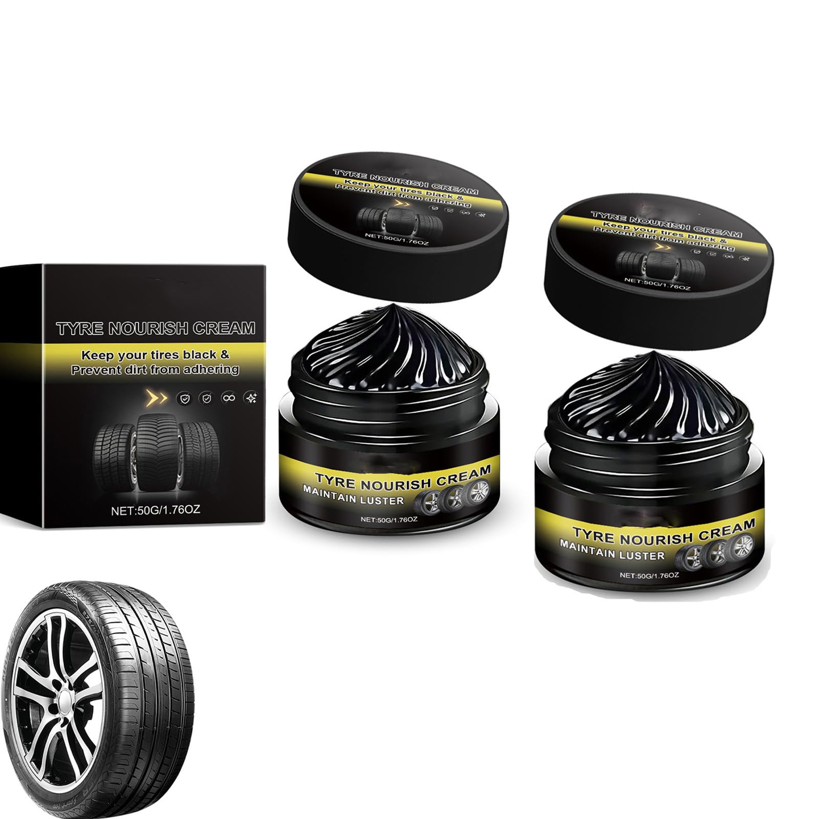 Tyre Nourish Cream – Tire Wax & Tyre Shine, Rim Refurbish Wax, Car Tire Dressing for Black Gloss Restoration and High Shine (2PC)