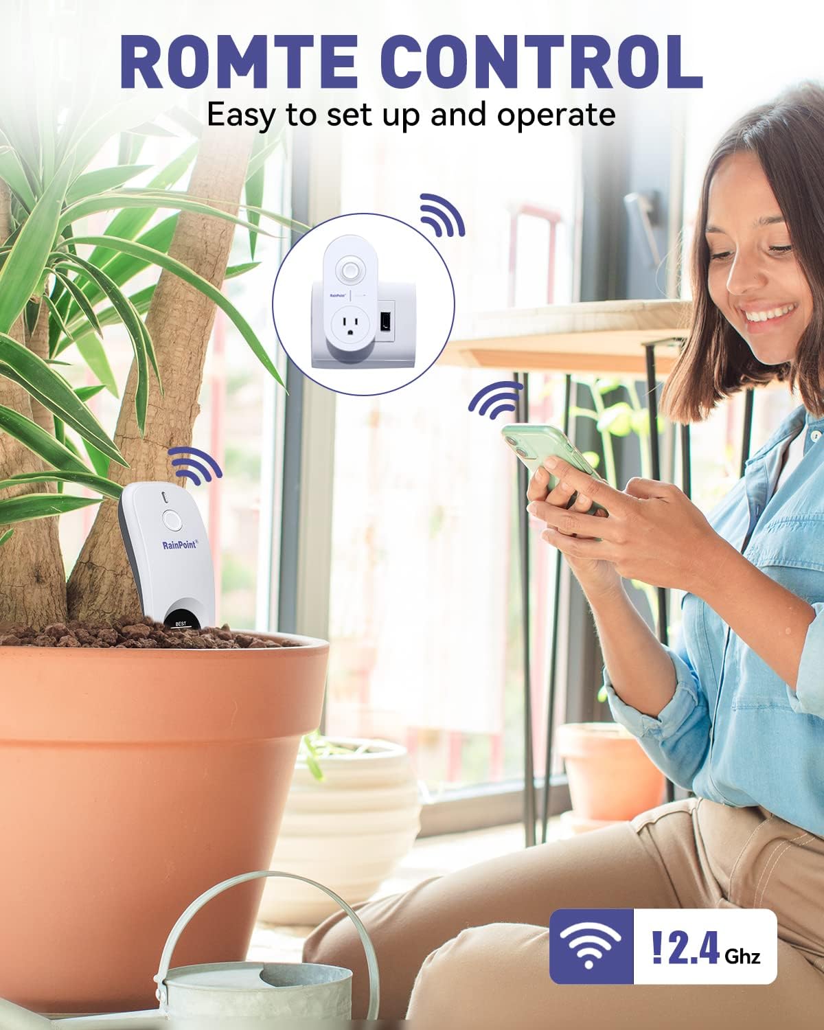 Kvinde bruger HomGar-appen til fjernbetjening af RAINPOINT-enheder