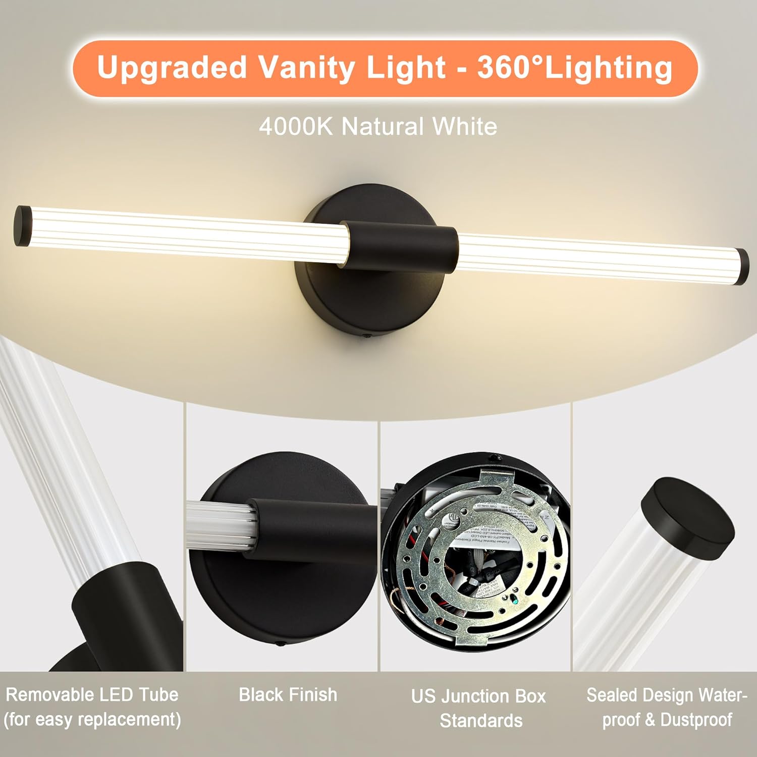 Dimmable LED Bathroom Vanity Lights 360° Full Lighting Bathroom Light Fixtures Over Mirror Vanity Light Bar Modern Wall Sconce 4000K Natural White Light for Home Hardwired, Black, 24 inch