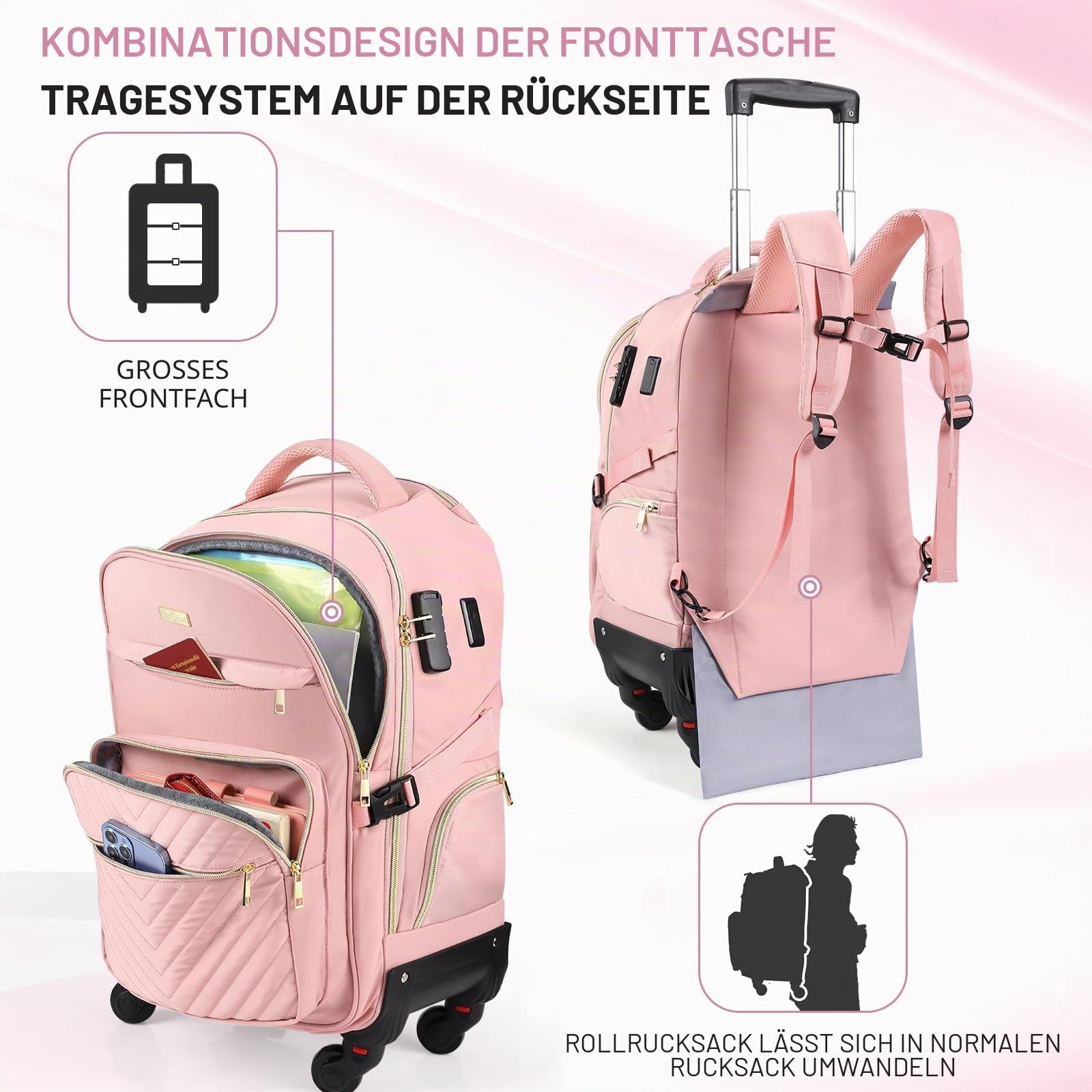 star cloud Rollrucksack für Damen, 53,3 x 35,6 x 22,9 cm, 45 l, Reiserucksack mit Rollen, Pink, 21*14*9inch, Reiserucksäcke