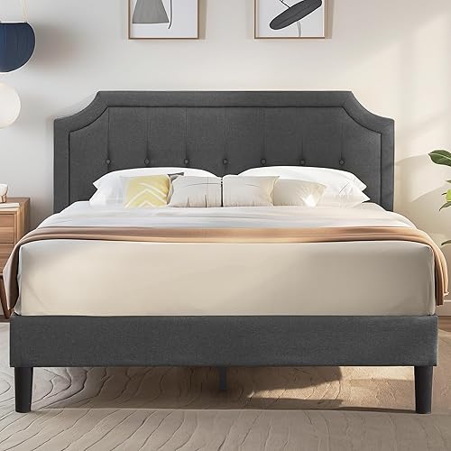 Miniatura 10 de VECELO Base de cama de plataforma tapizada individual con cabecera de panel cosida con botón ajustable, soporte de listones de madera fuerte, diseño