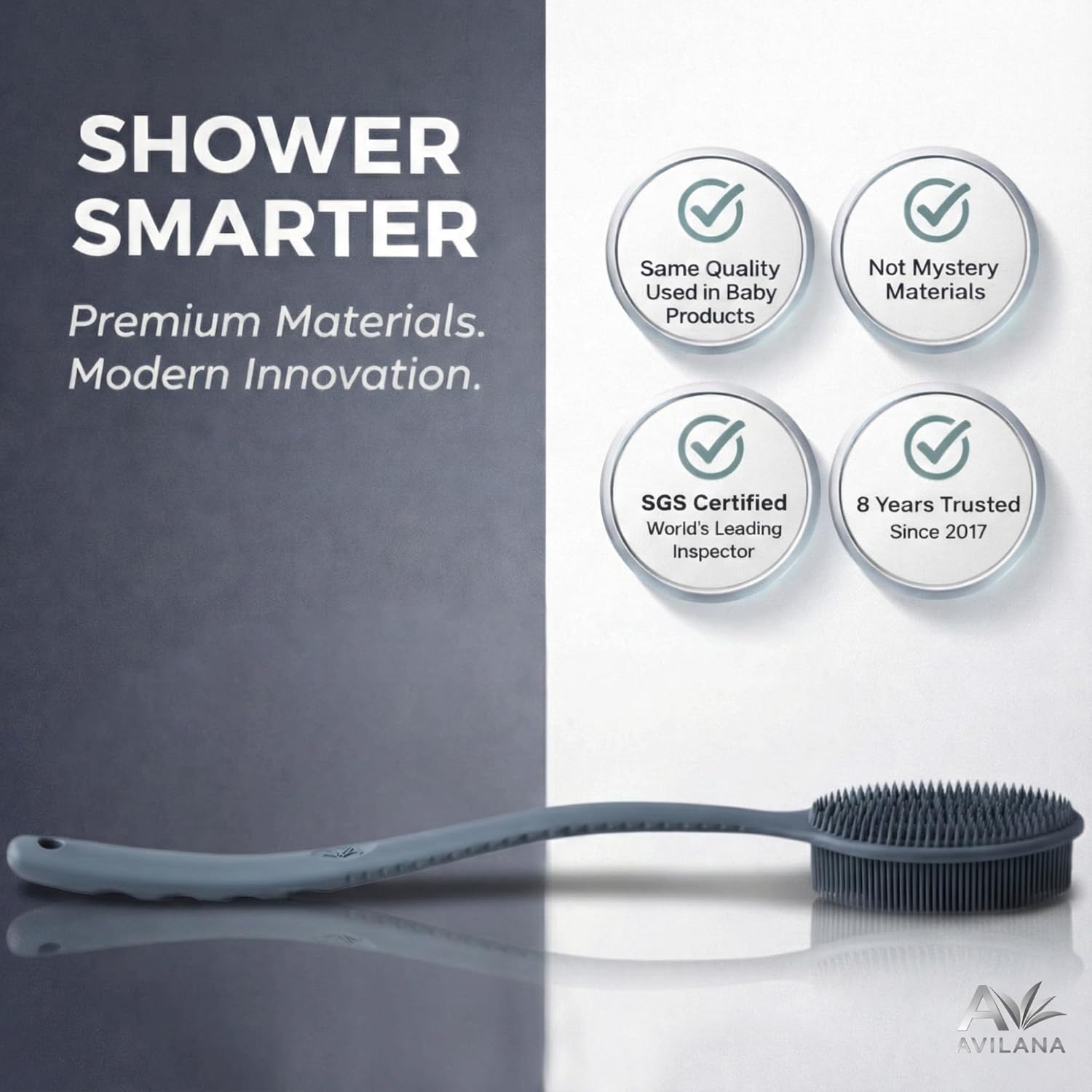 Avilana Premium Back Scrubber Long Handle 19 Inch - Trusted Since 2017 - SGS Certified Silicone Bath Brush, Dual Sided Exfoliating Body Brush Extended Reach Back Washer Women Men Seniors Gift