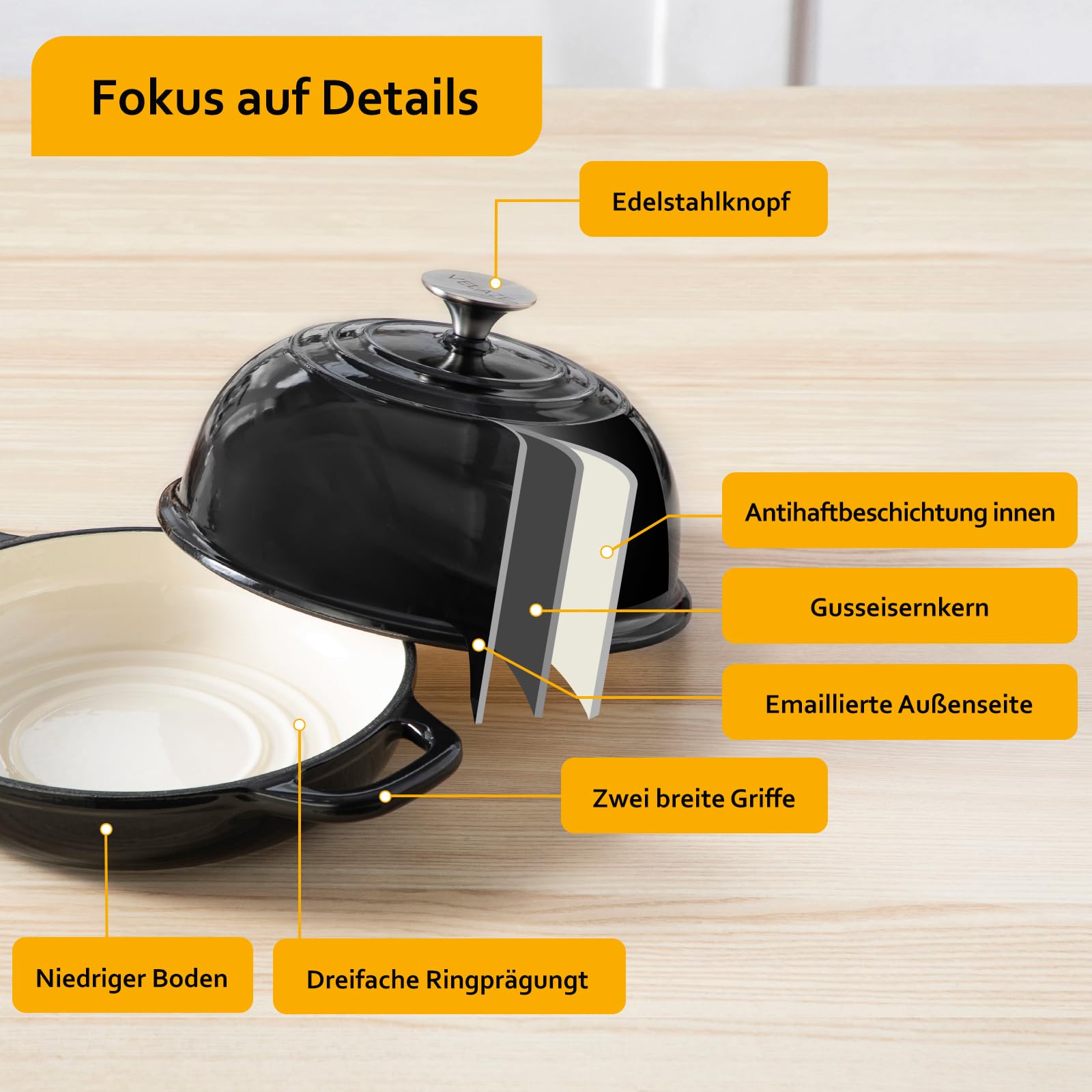 Velaze Gusseisen Topf Brot Backen, 4,8L Emaille Schmortopf mit Deckel und Griffen, 26 cm Brotbacktopf, Bräter Gusseisen, Dutch Oven für Küche Backen Schmoren & Braten (Schwarz)