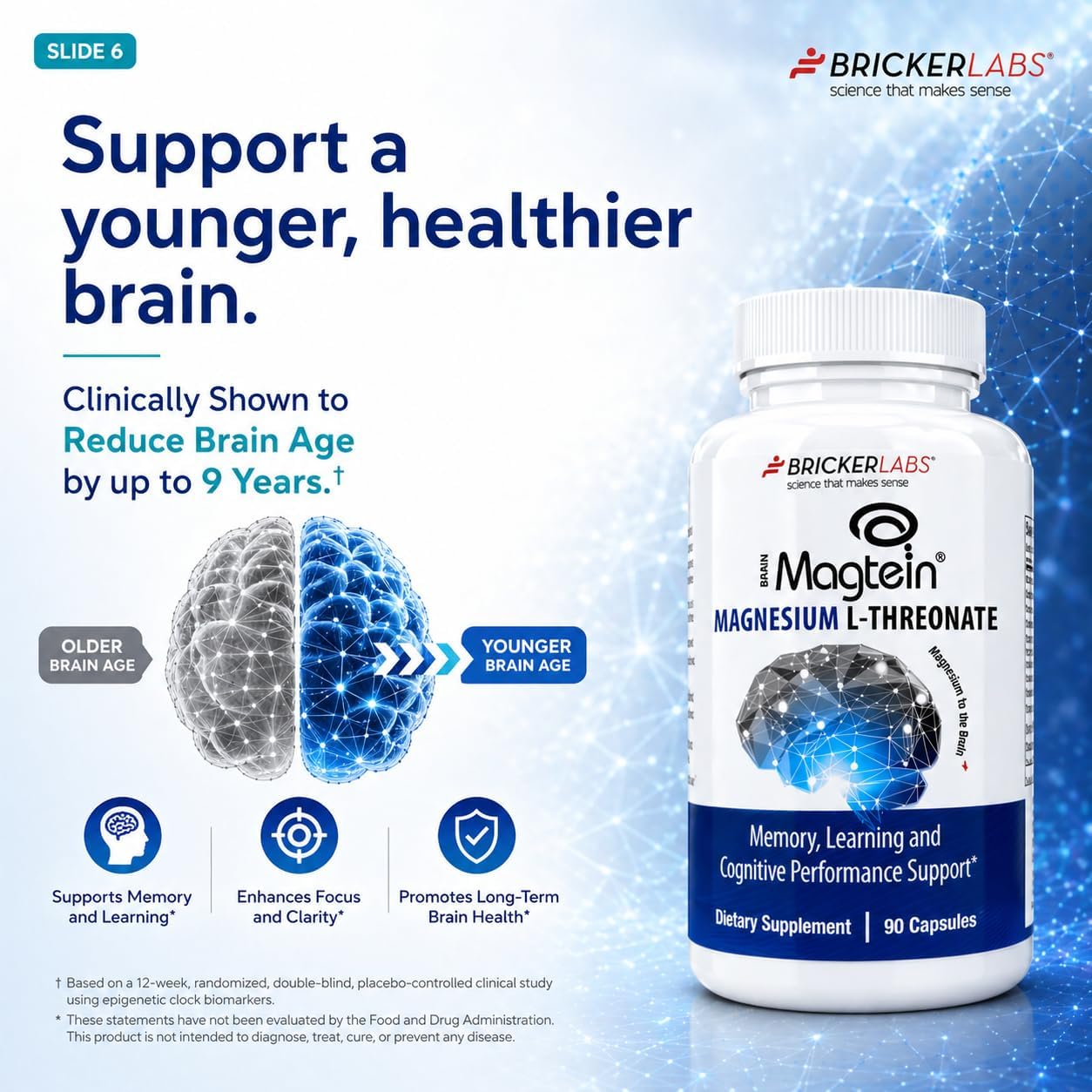 Bricker Labs Magtein® Magnesium L-Threonate Supplement – Brain Health, Memory, Focus, Learning & Cognitive Function Support – 90 Capsules, 30 Servings