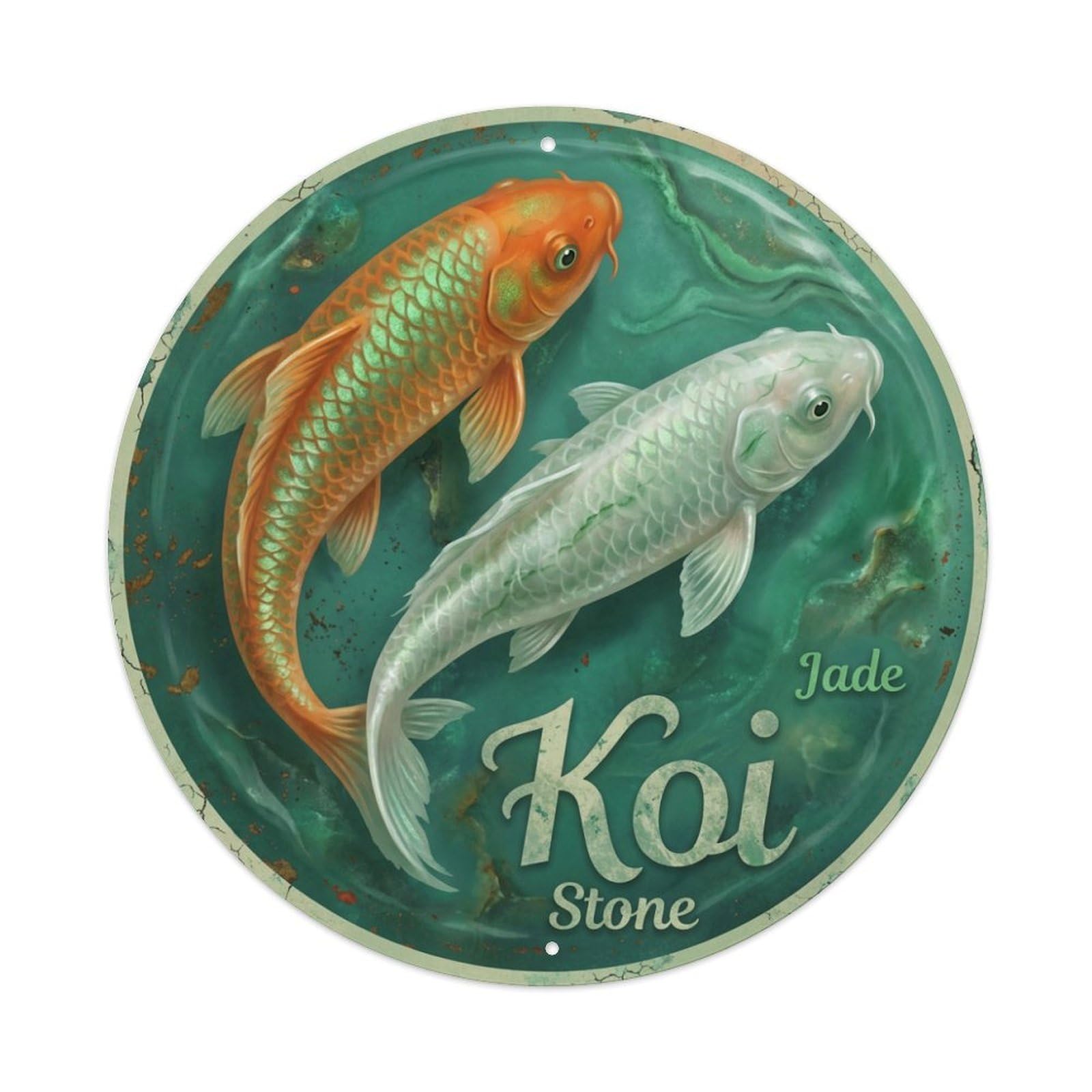 Koi Fish Jade Stone Waters Green Gem Precious Mineral Metal Tin Sign