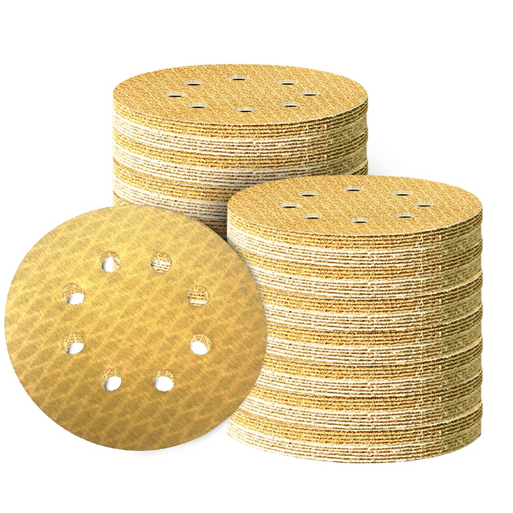 Photo 1 of 110Pcs 5 Inch Hook and Loop Sanding Discs | 8-Hole Dust-Free, 150 Grits Yellow Diamond | 135G Latex Backing | for Wood/Metal/Auto