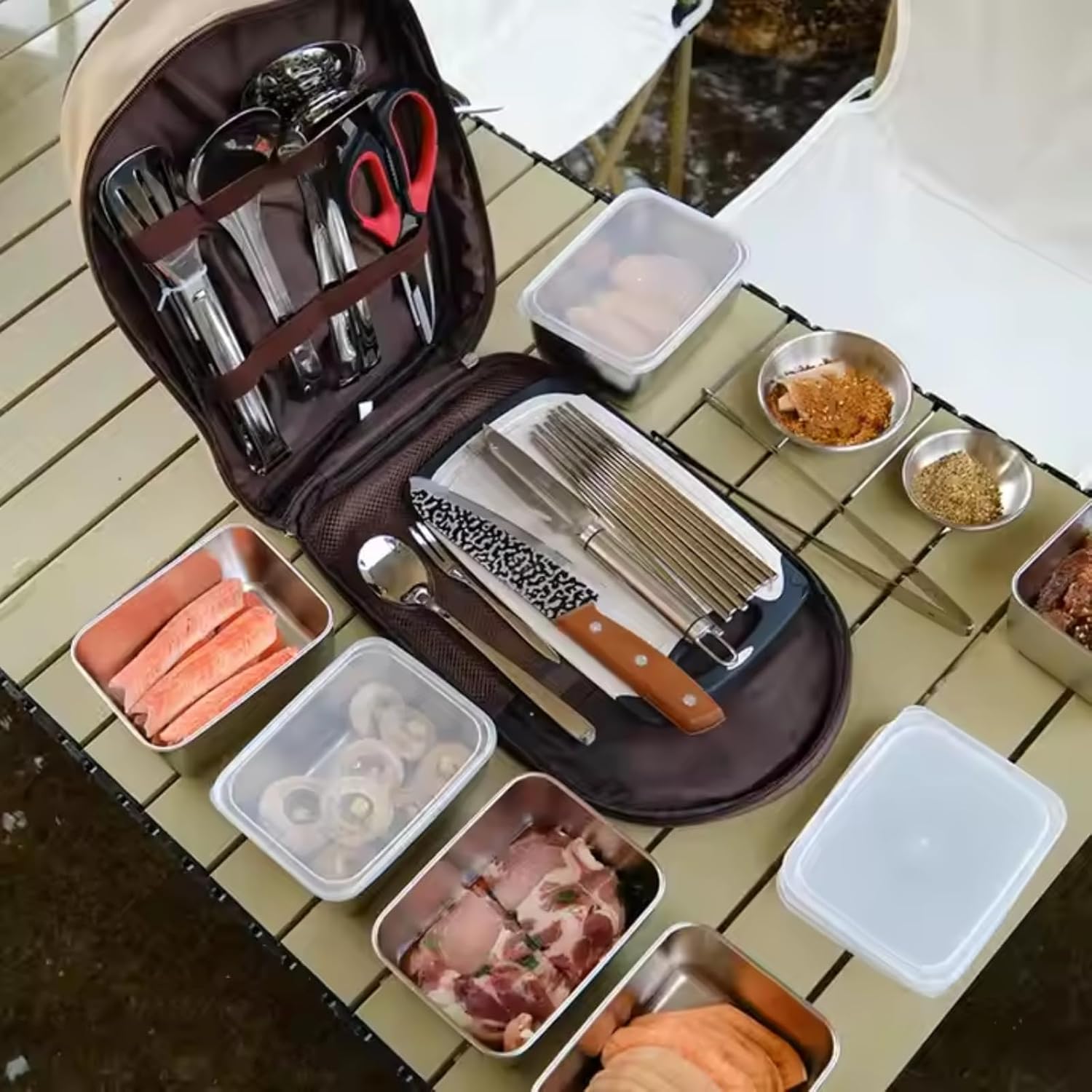 Portable 11-Pcs Stainless Steel Camping Kitchen Set – Outdoor Cooking & BBQ Utensils with Organizer Bag | Travel Cookware for RV, Hiking, Backpacking, Beach & Picnic Adventures