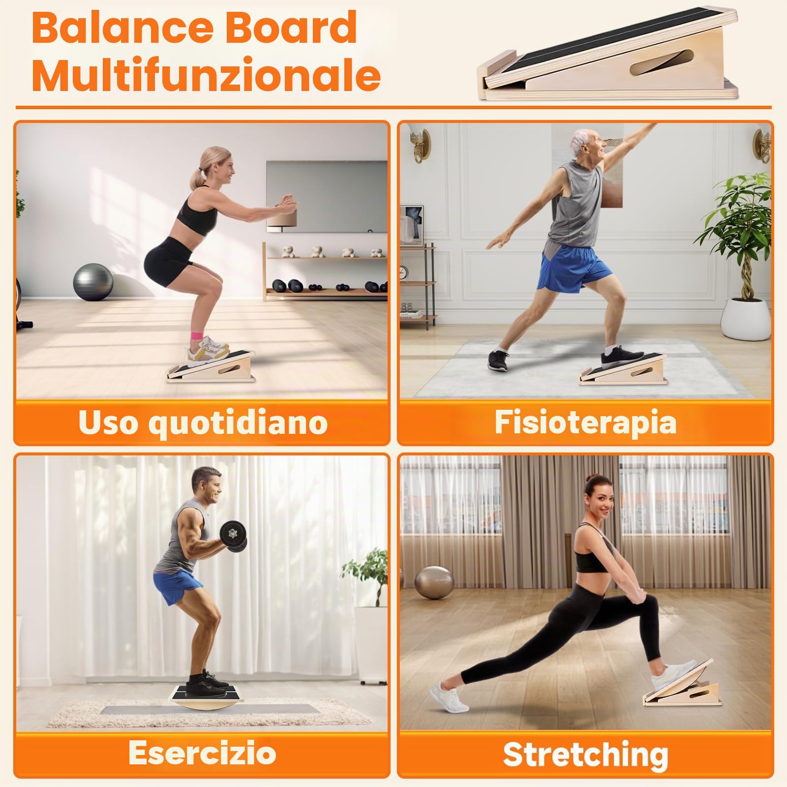 Tavola Inclinata in Legno, 2-Ini-1 Slant Board & Tavola Equilibrio con tappetino antiscivolo, 4 angoli regolabili Balance Board per Tallone, Squat, Stacco da Terra