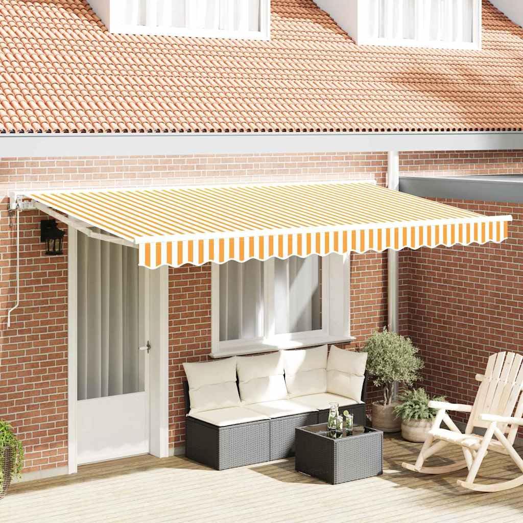 Tenda da sole retrattile 400 x 200 cm, colore giallo e bianco, con tessuto in poliestere rivestito in poliuretano e telaio in alluminio verniciato a polvere, manovella manuale o telecomando