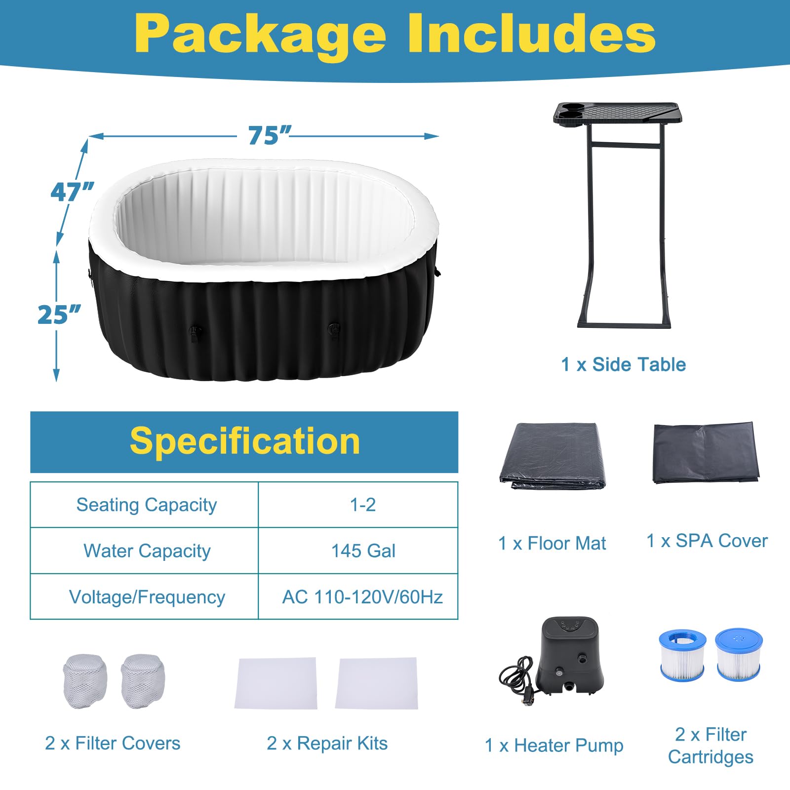 NAIZEA 2 Person Hot Tub - Inflatable Portable Hot Tub, Outdoor Oval Spa Blow Up Hottubs with 90 Bubble Jets and Heater Pump, Side Table, Cover, 2 Filter Cartridges,75x47x25Inch - 3