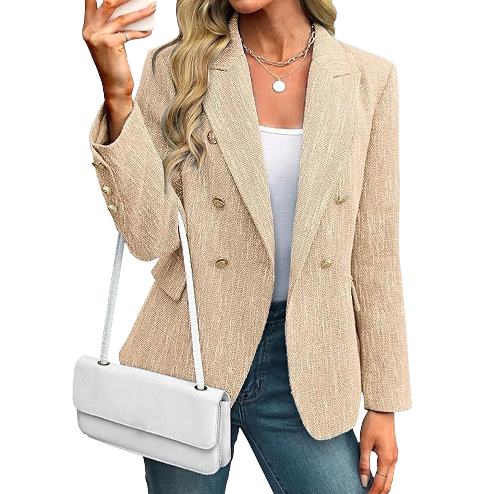 Womens Tweed Blazers Casual Long Sleeve Double Breasted Open Front Bussiness Work Office Blazer Jackets Work Suits