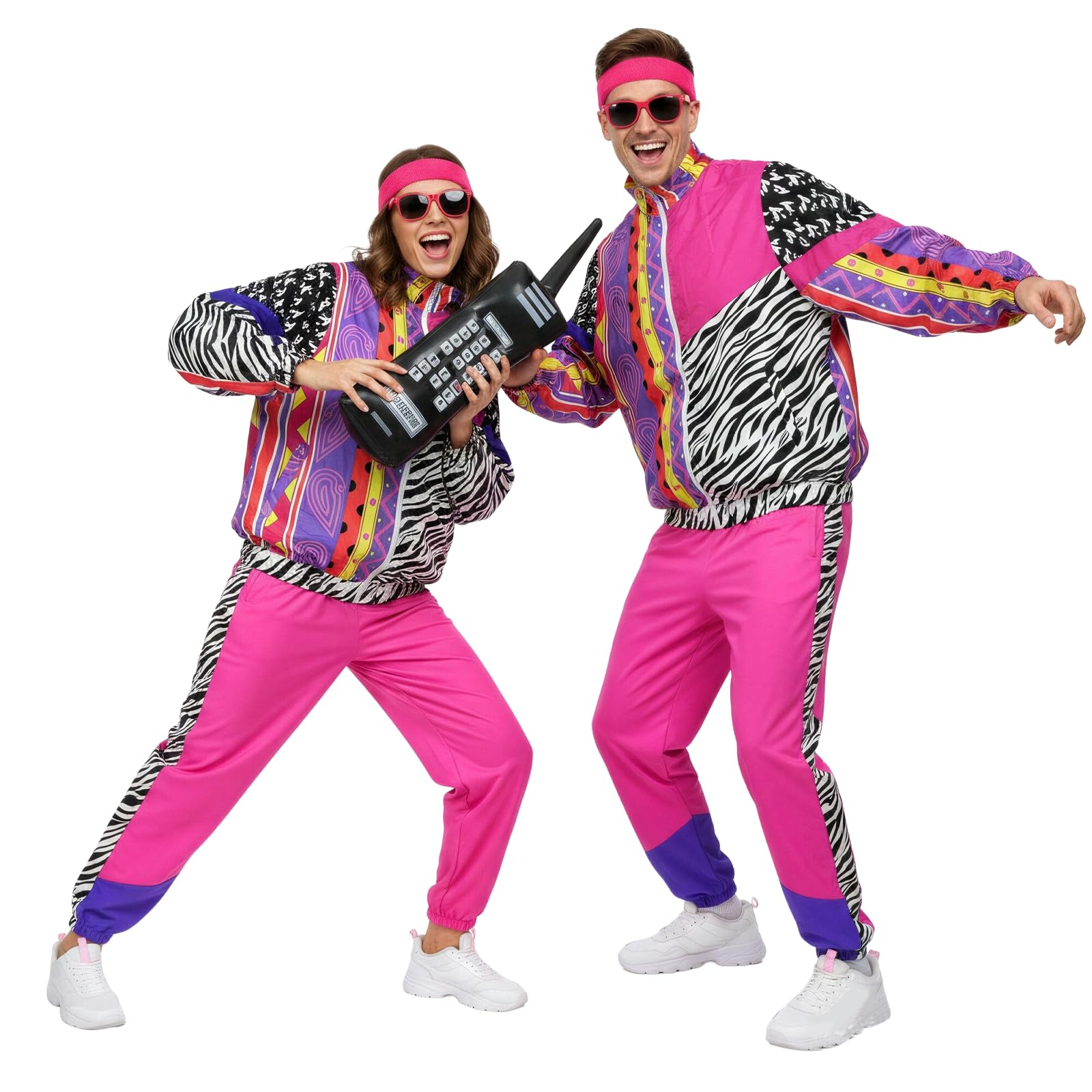 YAEGIMHT 80s 90s Retro Tracksuit Costume Set, Neon Pink Vintage Shell Suit Outfit with Sunglasses, Retro Phone Prop and Sweatband Accessories, Fancy Dress Up for Disco Party Festival Carnival(Pink, L)