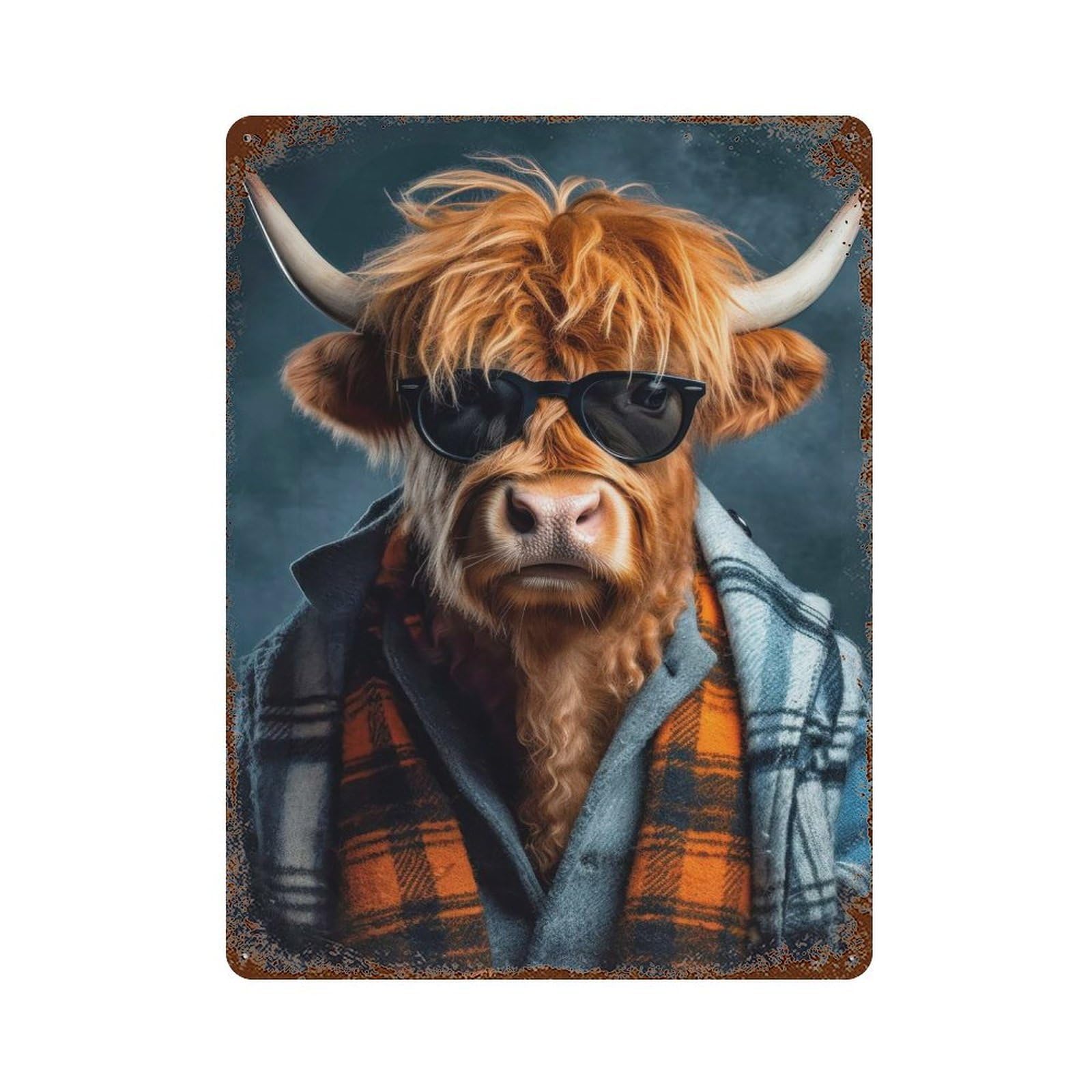Hipster Highland Cow Weathered Tin Sign 15.7"x11.8", Shabby Chic Decor for Garage, Pub Or Kitchen