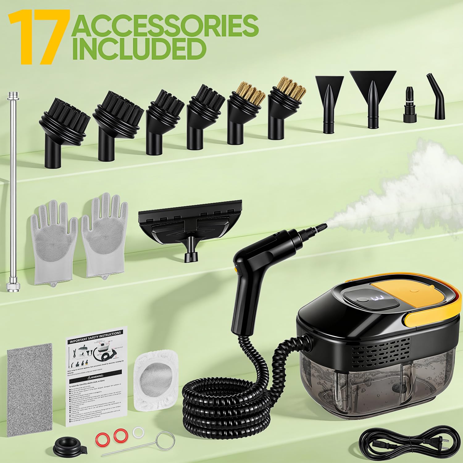 Limpiador de Vapor Portátil 17-in-1 Hogar y Auto, Calentamiento 10s, Depósito 1600ml, 3 Niveles de Vapor Ajustables en Mango, Radio de Acción 4,5m, Accesorios: Cocina, Baño, Suelos, Ventanas, Auto