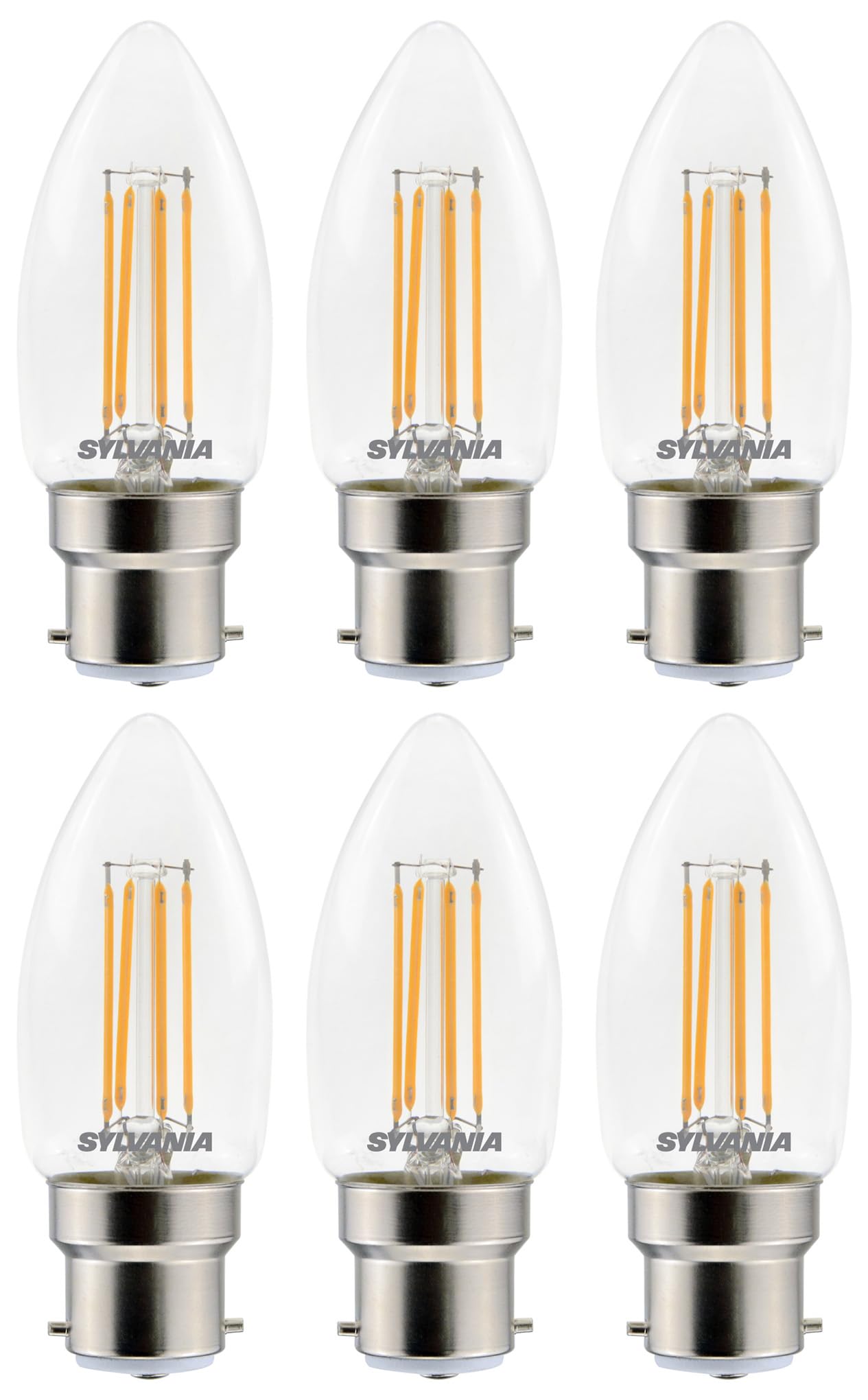 SYLVANIA Candle Clear Filament LED Light Bulbs, B22, 4.5W, 470 Lumens, 40W Equivalent, Warm White 2700K - 6 Pack