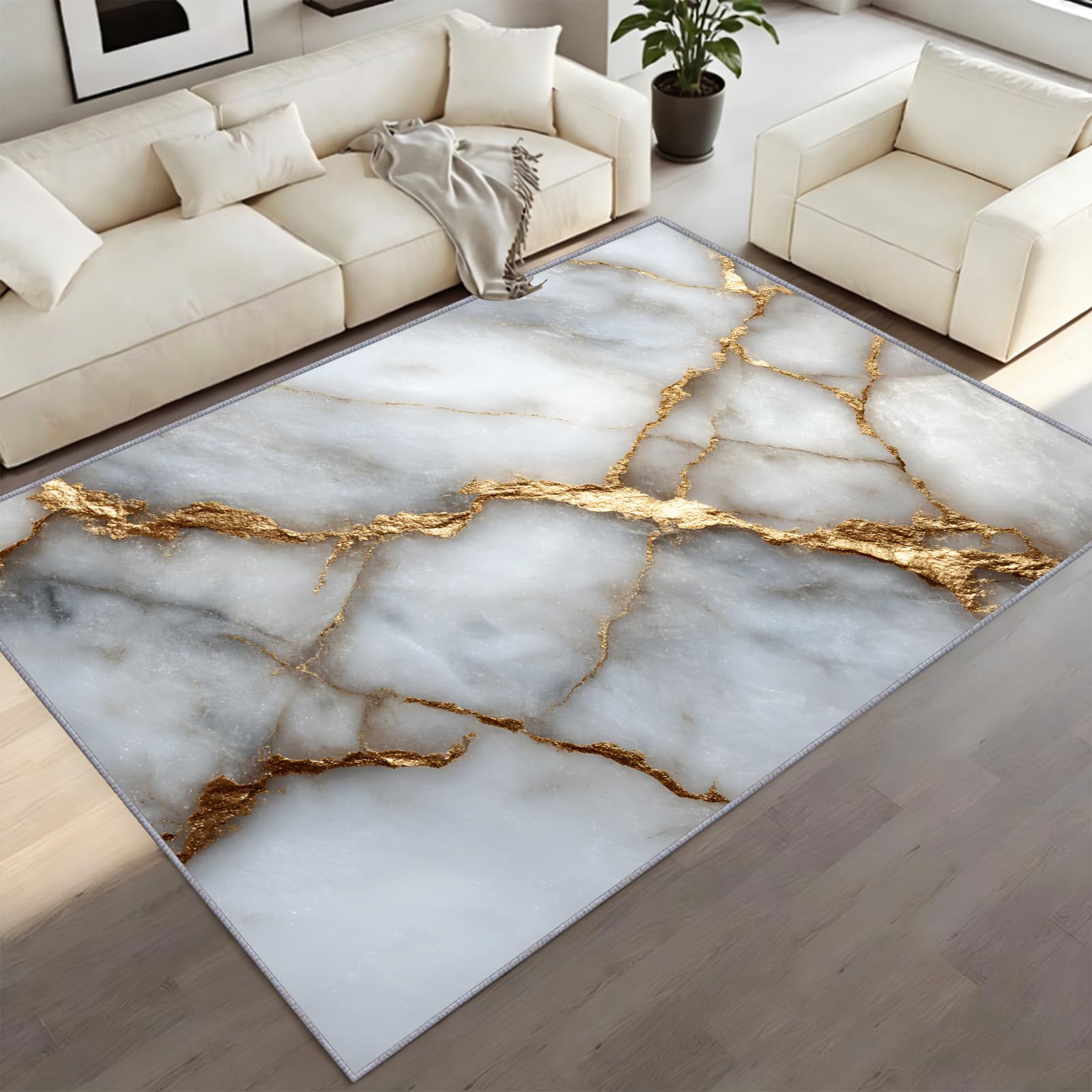 CAQDUEP Marble Rug 60x120cm White Gold Marble Rug, Modern Minimalist Rugs For Living Room, Luxury Abstract Art Rugs Washable Non Slip Carpet For Bedroom Dining Room