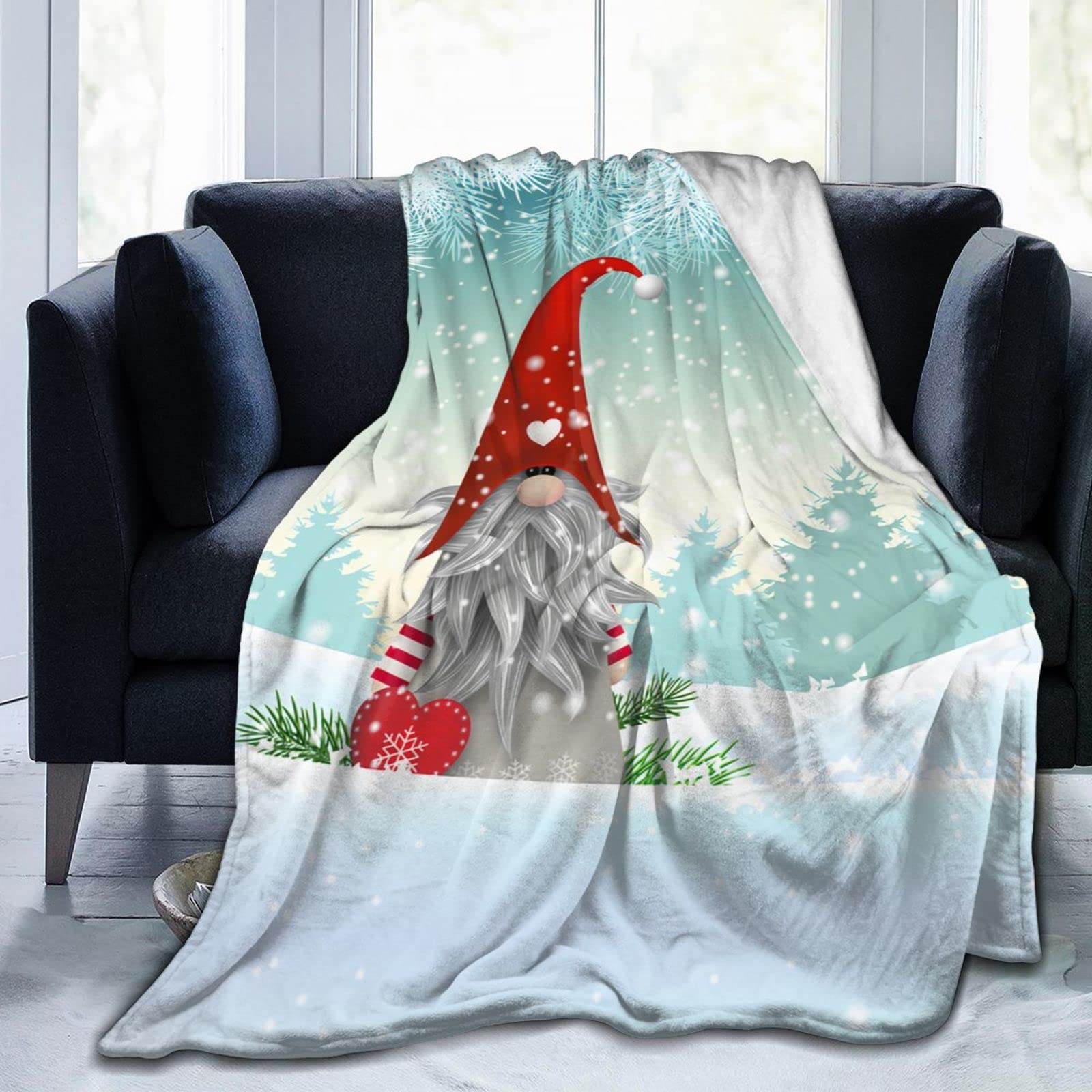 Lsjuee Christmas Gnome Throw Blanket Warm Cozy Blankets Lightweight Soft Cozy Flannel Winter Holiday Blanket for Sofa Couch Bed Office Xmas Gift 60"X50"