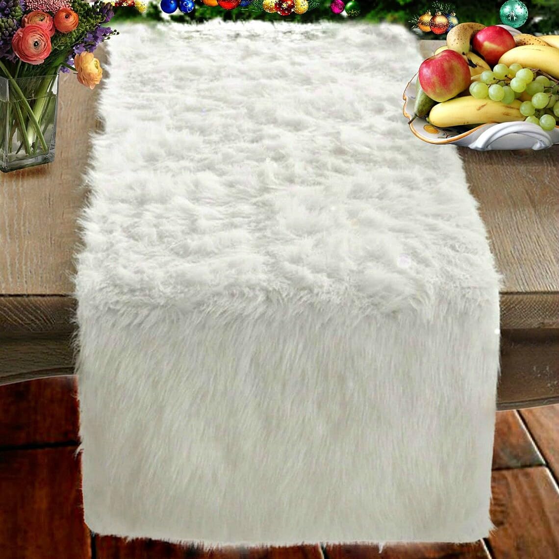 Table Runner, Fur Dinning Table Decoration for Winter Home Holiday Party, Dresser, Birthday, Xmas, Thanksgiving, Wedding Table Decor Runners (White)