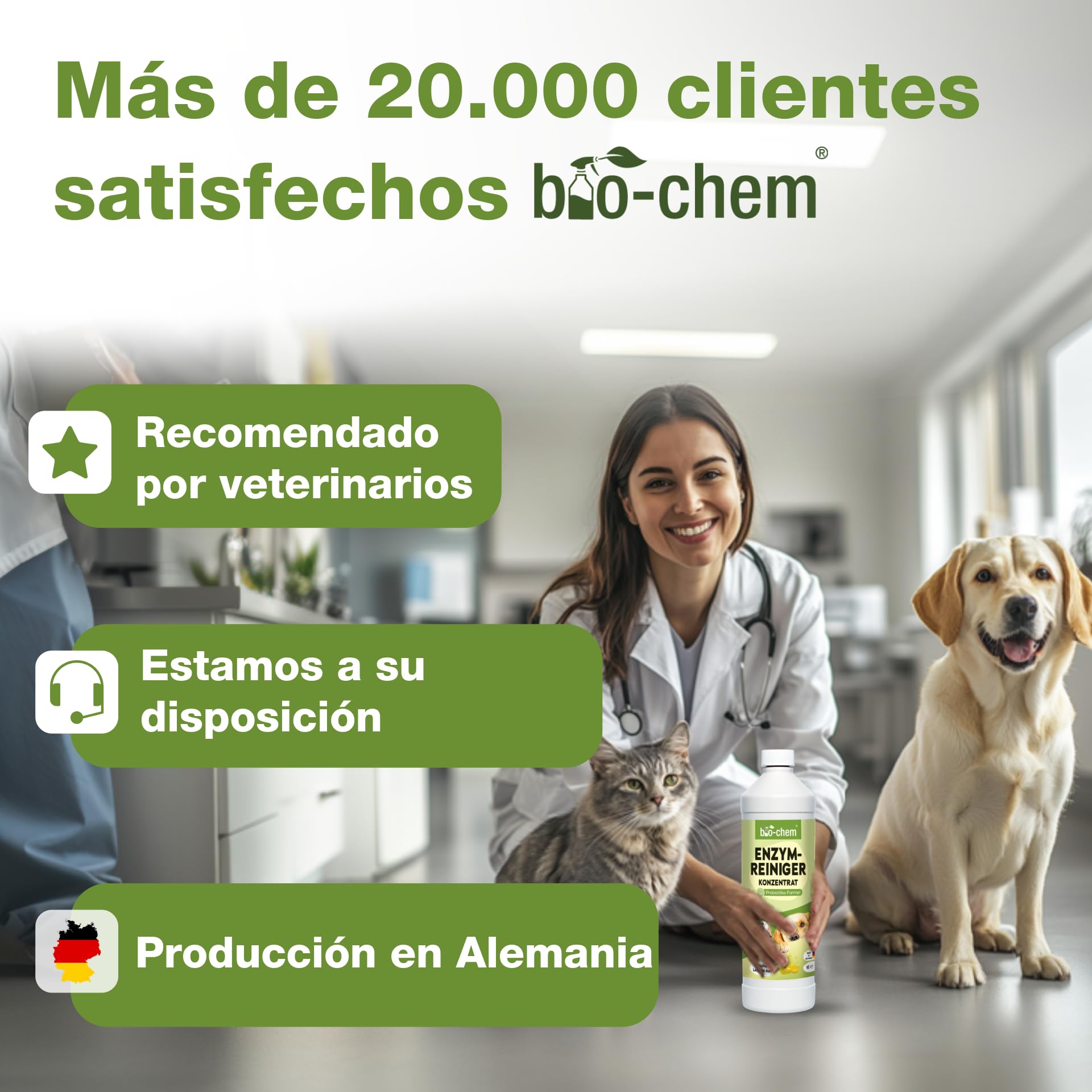 Bio-Chem - Limpiador enzimático concentrado 1L + botella mezcladora - Combate olores y manchas persistentes - Acción probiótica natural para alfombras, tejidos y superficies | Eliminador de olores contra orina, orina de gato y orina de perro para perros y