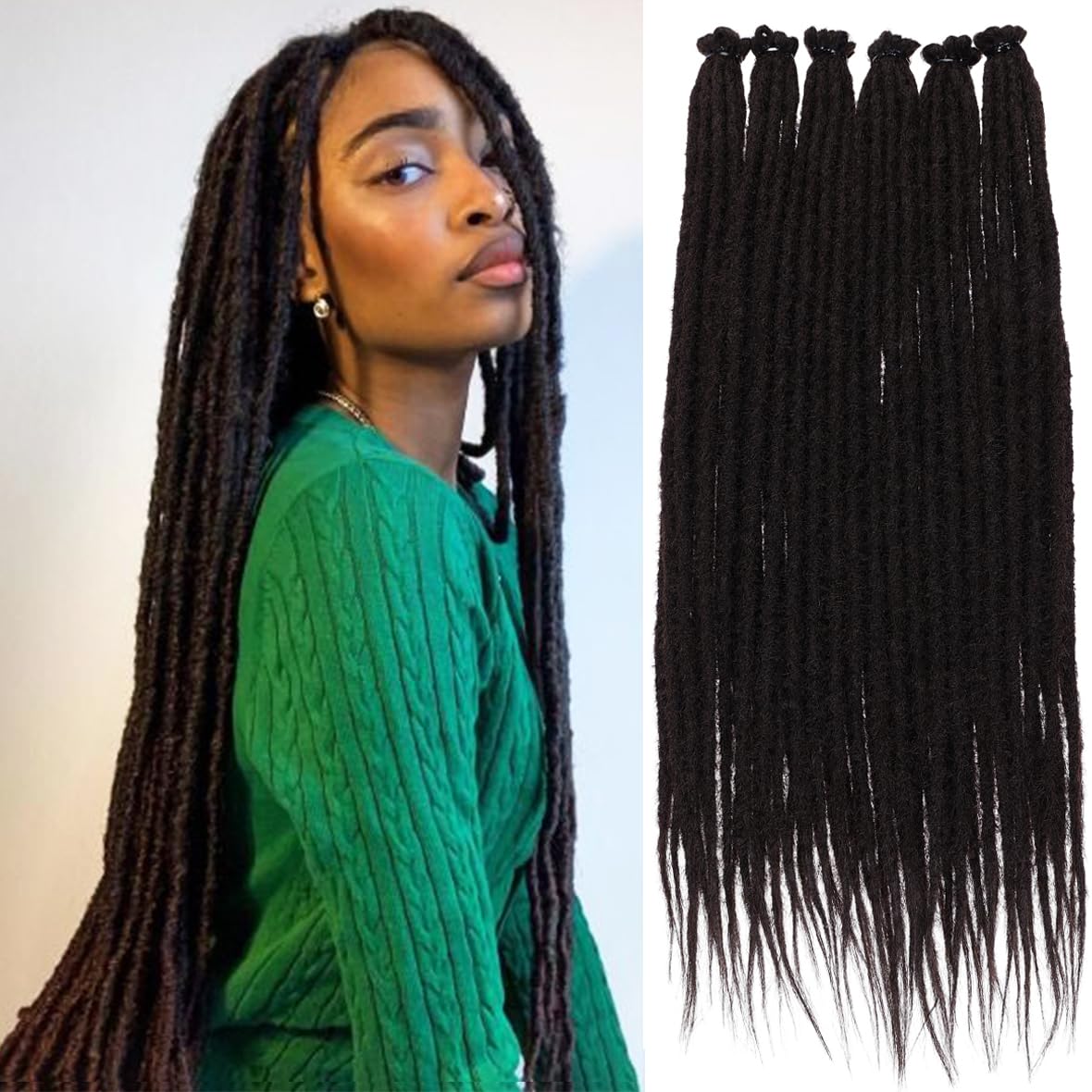 Leeven 24 Inch Black Dreadlock Extensions 10 Strands Soft Reggae Braid Locs 0.6 Width Single Ended Dreads Synthetic Handmade Crochet Locs Hippie Dreadloc /1B#