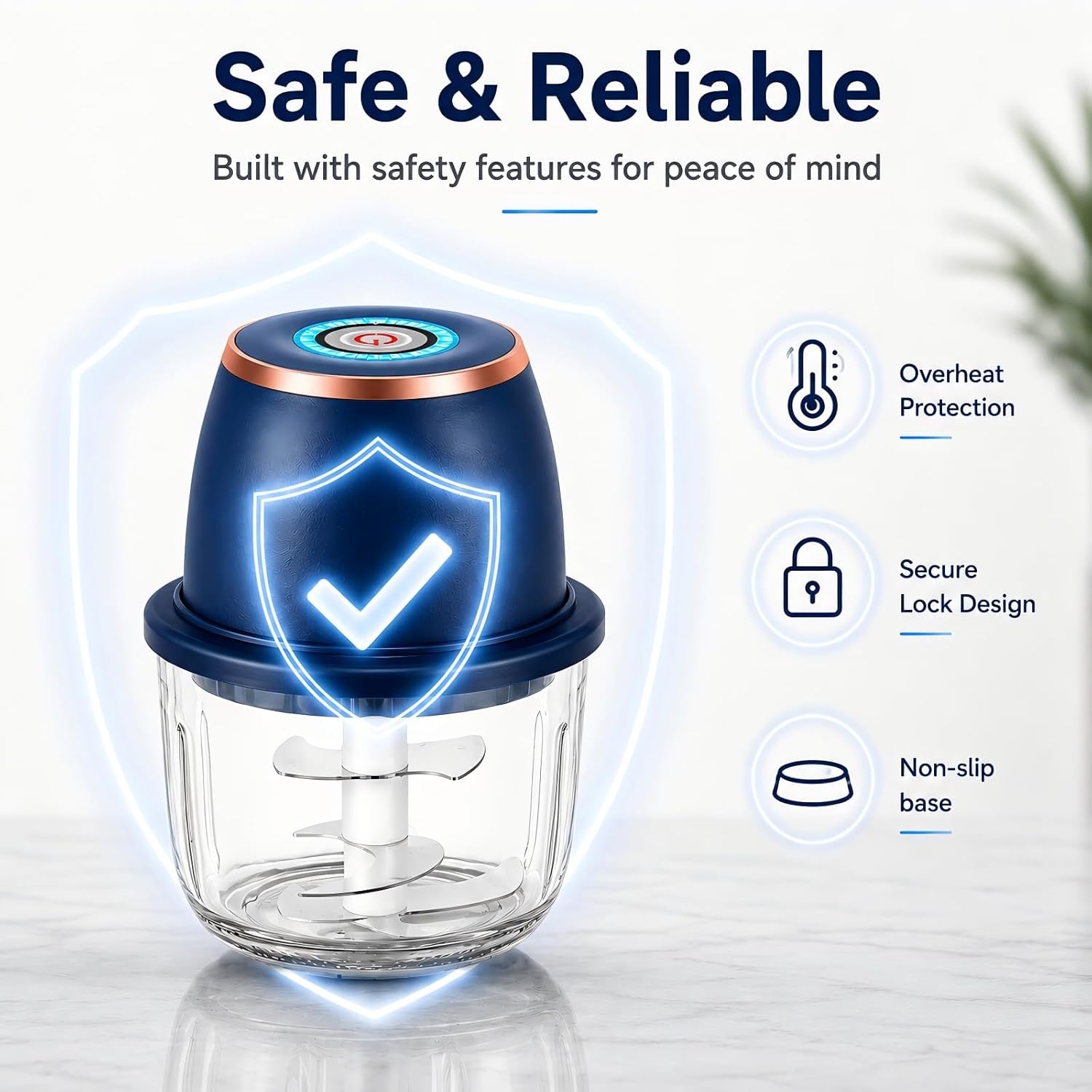 Electric Garlic Chopper, 350ml Mini Food Processor with 6 Stainless Steel Blades & Thickened Glass Bowl, USB Rechargeable Portable Food Grinder for Garlic, Onion, Nuts, Meat, Chili & Fruit(Blue)