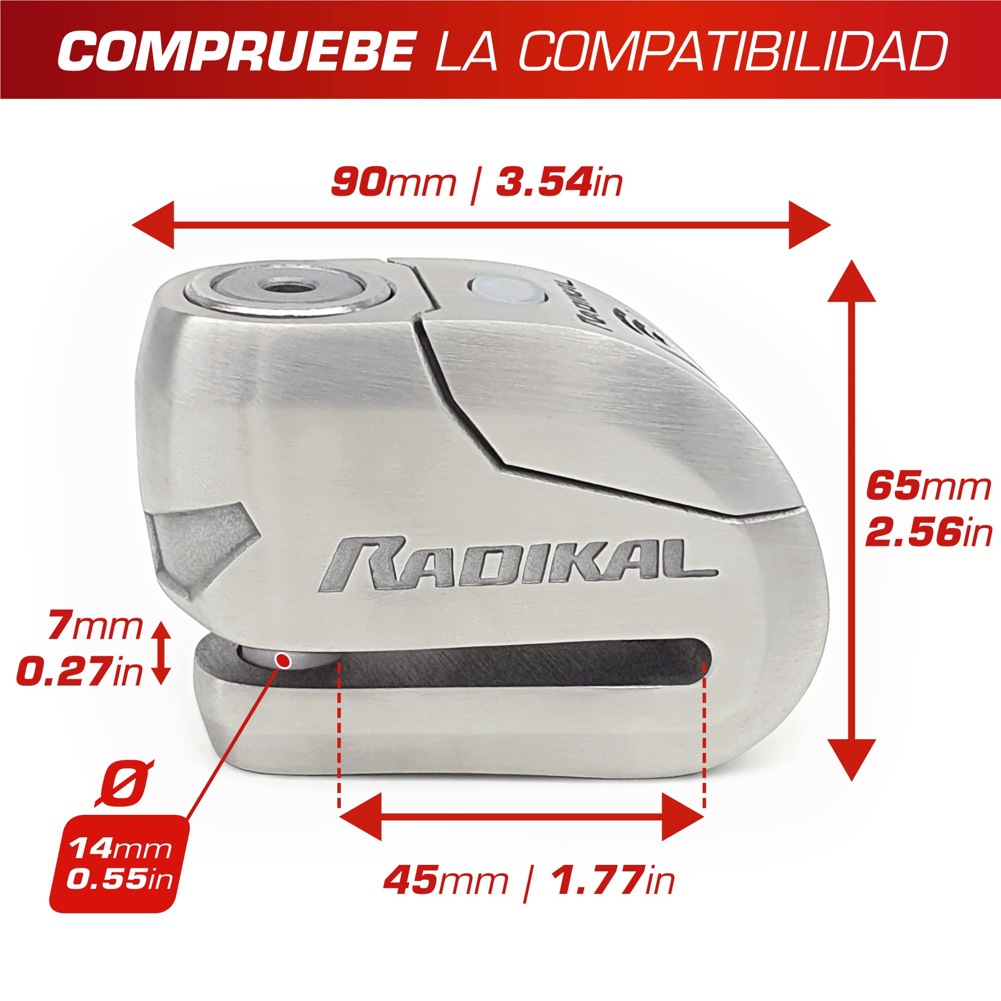 RADIKAL RK14S Candado Moto Disco Premium con Alarma | Activación Opcional, 120dB, Alerta LED, Warning Pre-alarma | Antirrobo Homologado SRA Alta Seguridad Pinza Cepo Acero Inoxidable Doble Cierre 14mm