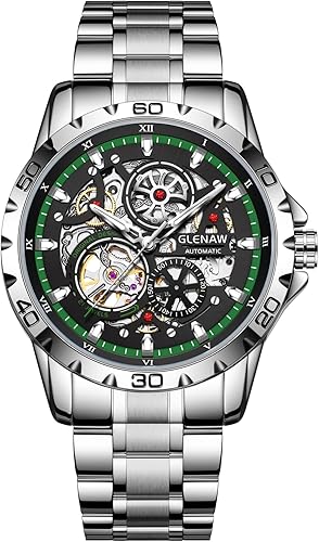Relojes automáticos para hombre, cuerda automática mecánica, esfera de esqueleto, resistente al agua a 30 ATM, con correa de acero inoxidable, reloj