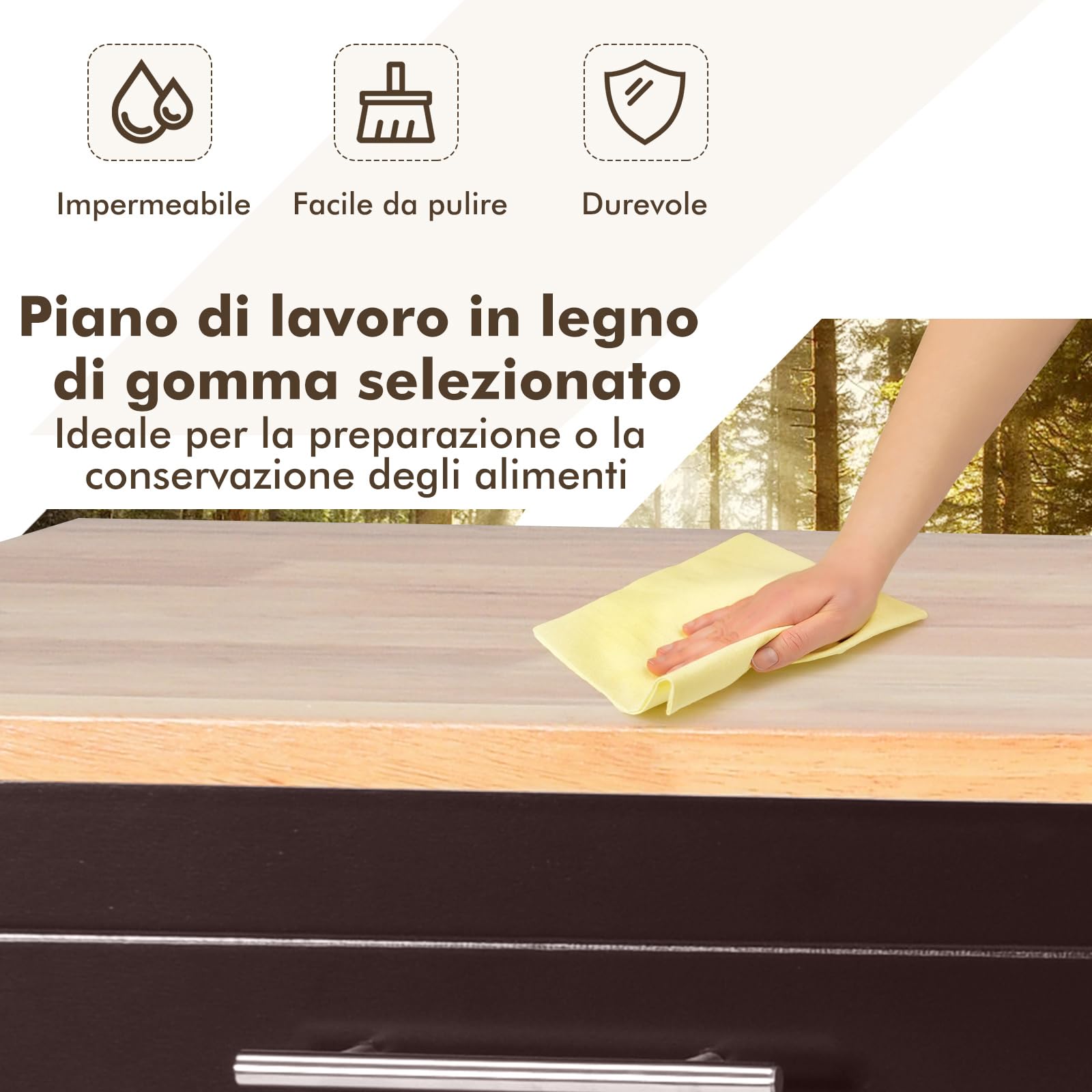 COSTWAY Carrello da Cucina, Carrello di Servizio con Ruote e Maniglia, 3 Ante e 2 Cassetti, Ideale per Cucina Ristorante Bar, 122x46x92,3 cm (Marrone)