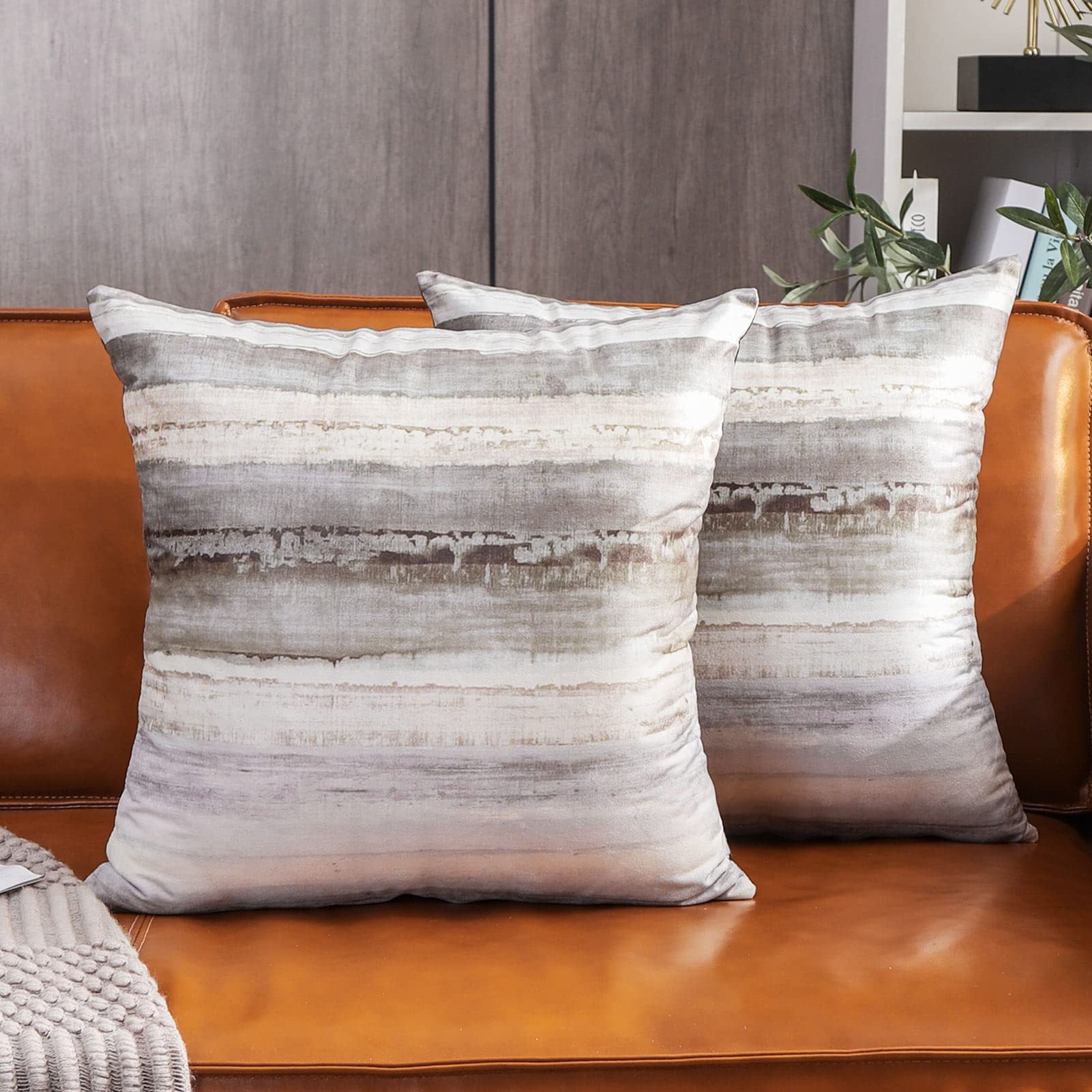 Valea Home Velvet Throw Pillow Covers for Couch Soft Decorative Cushion Cover Modern Abstract Watercolor Double-Sided Pillowcases 18 x 18 inch, Pack of 2, Coffee