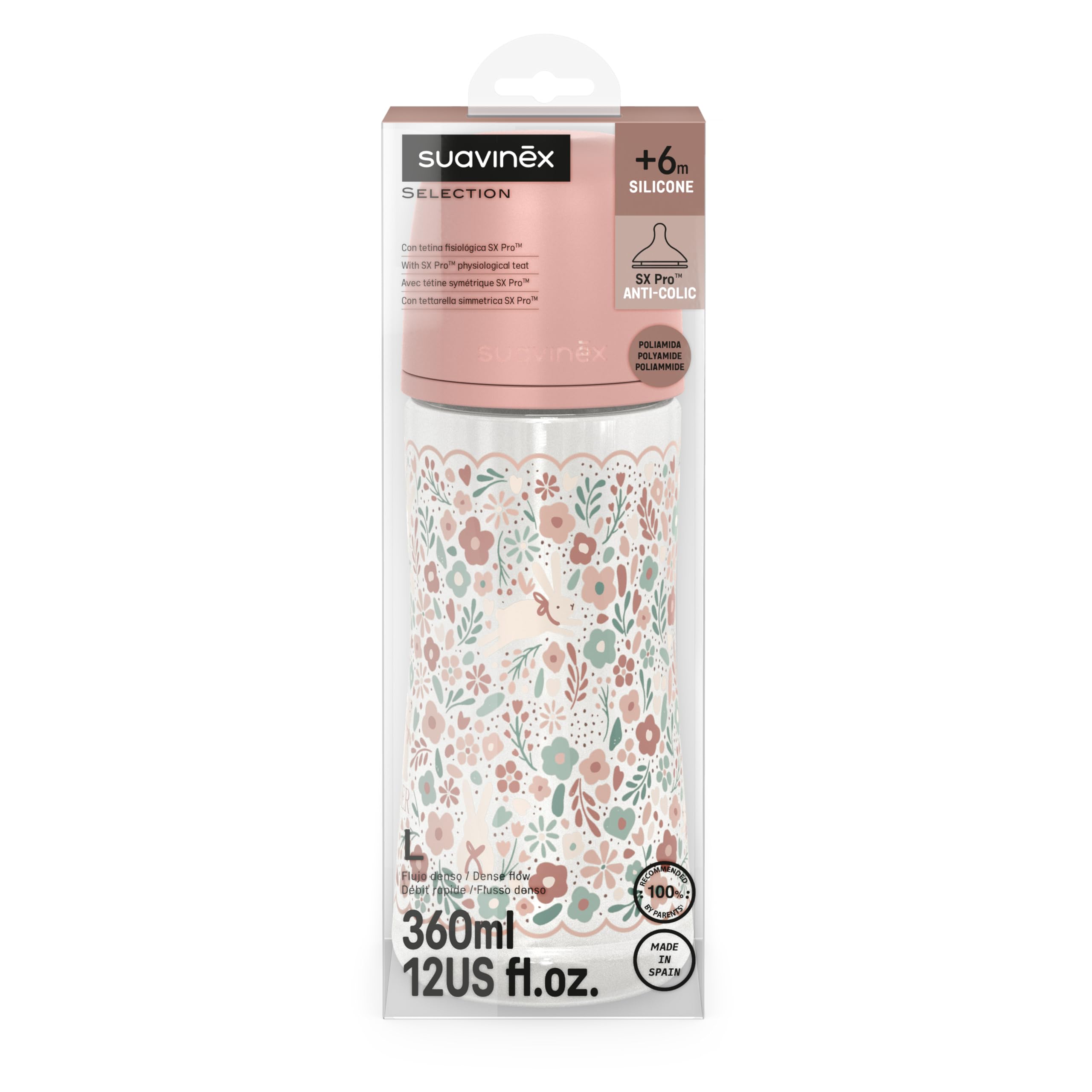 Suavinex, Biberón 360 ml, con Tetina Fisiológica SX Pro de Silicona, con válvula Anticólico, de Flujo Denso (L), para Líquidos Densos, Apto Papillas Líquidas. Bebés +6 Meses. Wonder, Flores, Rosa