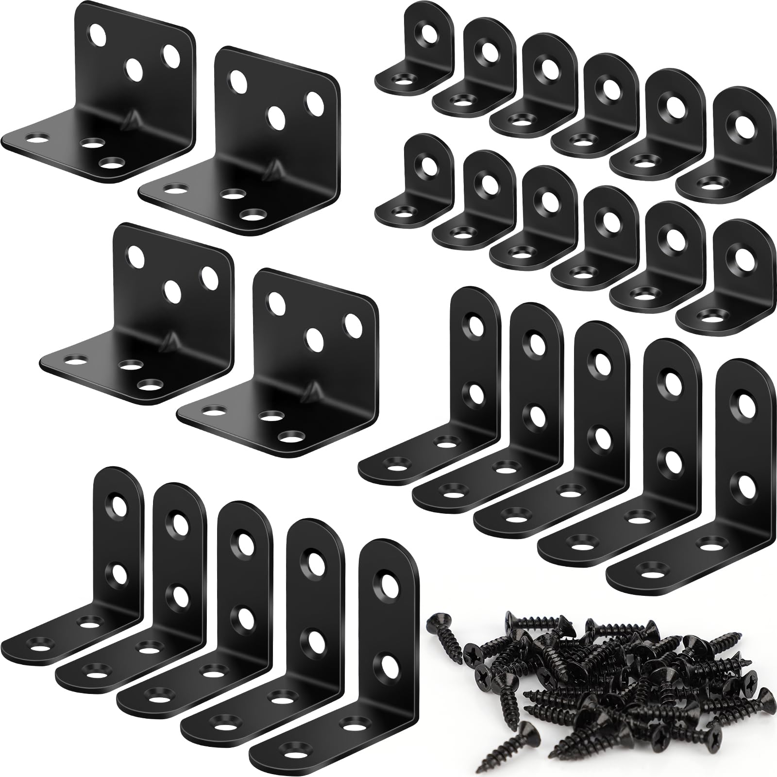 26 Pack L Bracket Corner Brace Kit, 3 Sizes Stainless Steel L Brackets for Wood Shelves, 90 Degree Right Angle Bracket, Black Metal Corner Brackets for Furniture Cabinet Drawer Chair (with 88 Screws) 26 Pack-3 Sizes