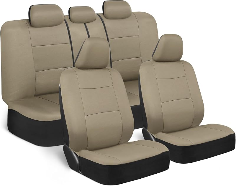 OS-309-AB Tan Trim Black Car Seat Covers Full 9 Piece Set, Sleek & Stylish, Split Option Bench 5 Headrests Front & Rear Bench, Beige