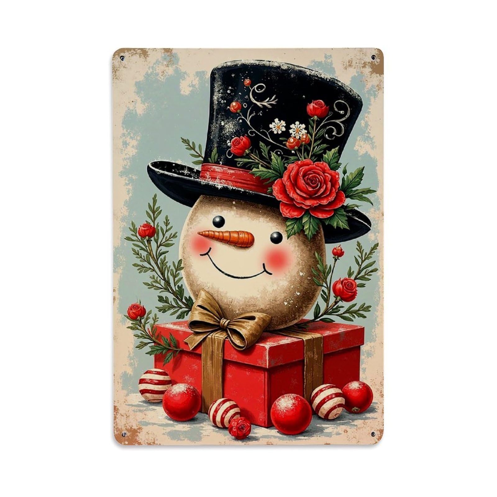 Snowman With Hat And Flowers Retro Metal Tin Sign, Vintage Decor Art Poster for Bar, Home, Man Cave, Kitchen, Laundry Room Gift 8x12Inch