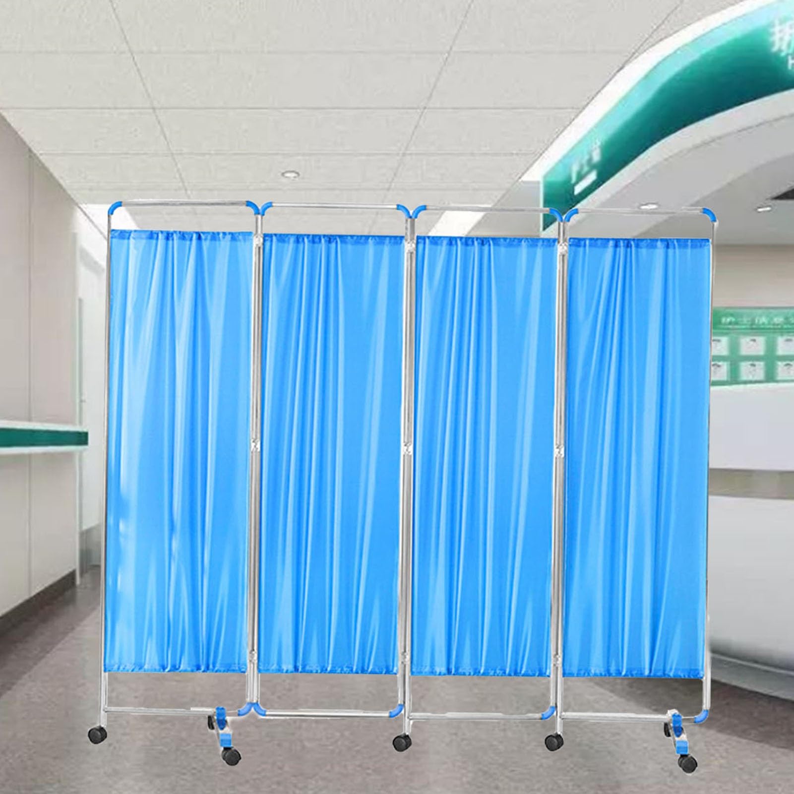 Paravent médical à roulettes pliable 4 panneaux bleu | Séparateur de pièce gain de place