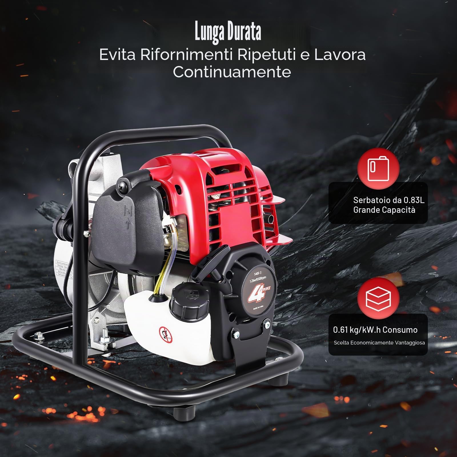 Pompa dell'acqua a benzina a 4 tempi, pompa motore da 1,2 kW con 8100 l/h e 30 m di altezza di estrazione, 10500 giri/min, avviamento via cavo, capacità serbatoio olio 900 ml, diametro