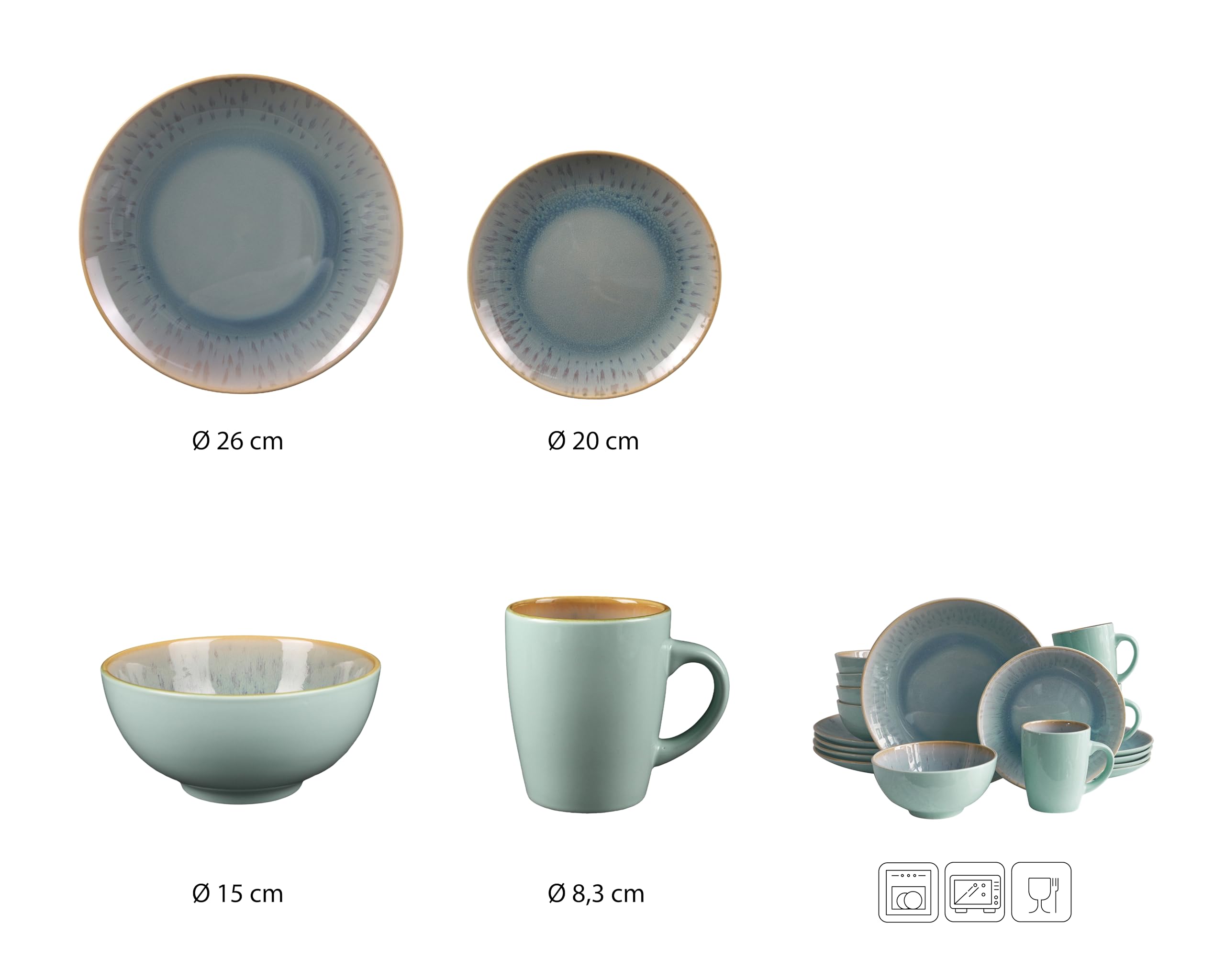 ECHTWERK Vajilla vintage de 16 piezas "Ana", diseño moderno, para 4 personas, elegante vajilla de porcelana con 4 platos llanos, 4 platos llanos, 4 cuencos, 4 tazas de té