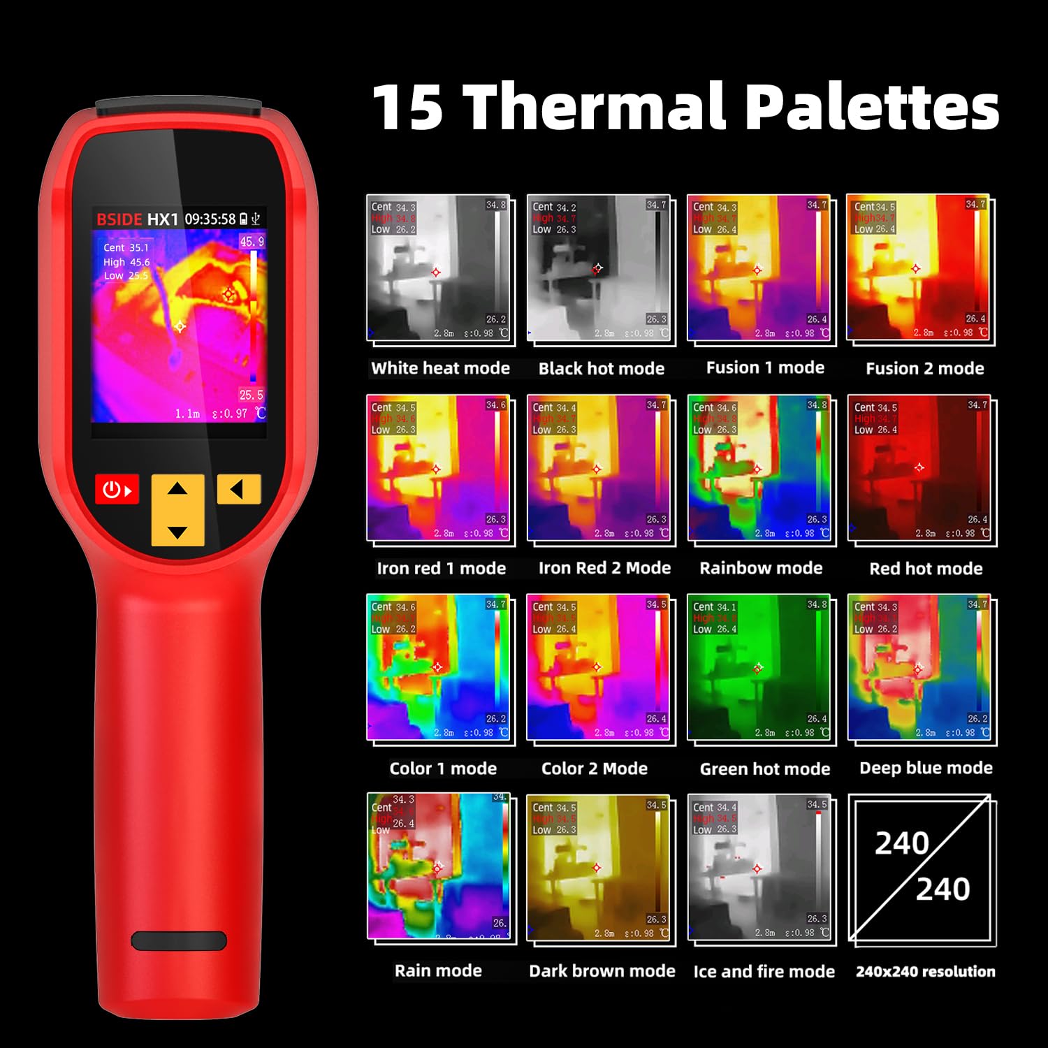 BSIDE HX1 Termocamera Infrarossi Alta Risoluzione 240 x 240 Termocamera Portatile con Frequenza di Aggiornamento 25Hz 15 Palette Colori -4°F a 1022°F per Casa Perdite Acqua Tubi Elettronica
