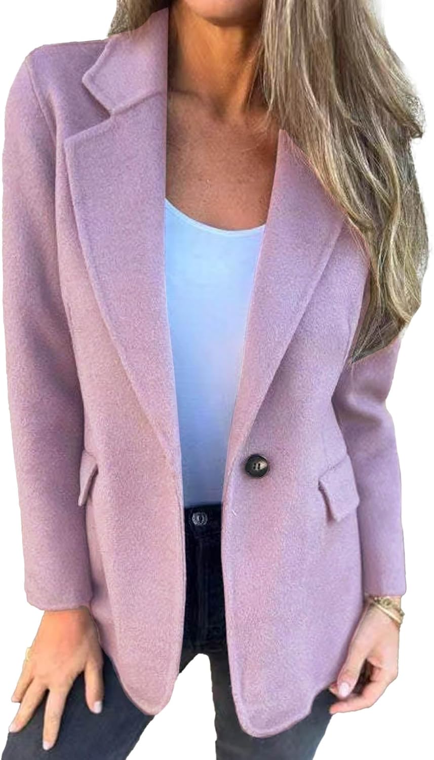 Sexyshine Women's Notch Lapel Single Button Wool Blend Blazer Casual Open Front Business Work Jacket Pea Coat