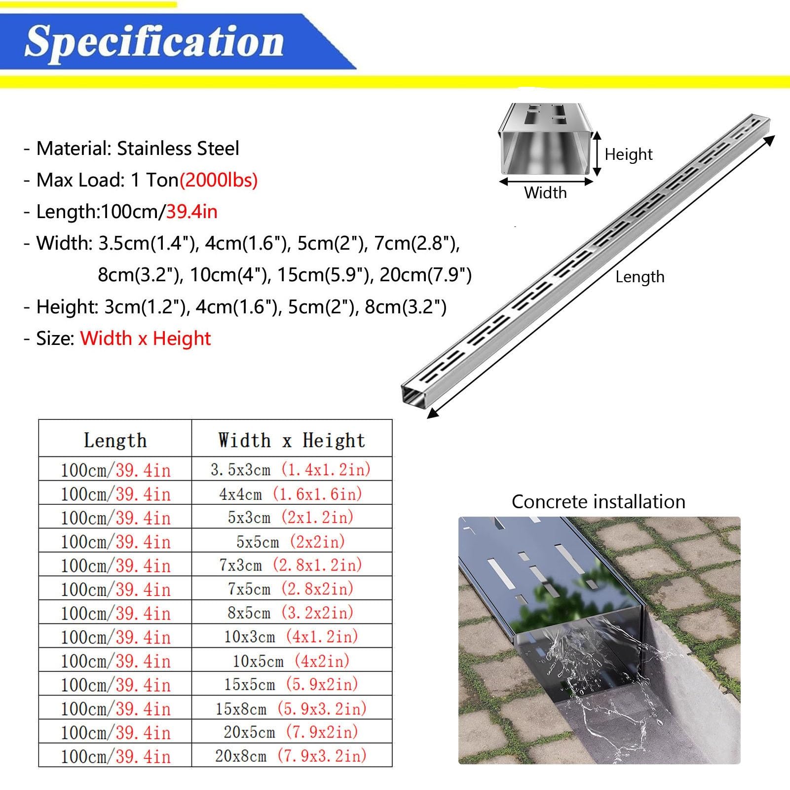 Trench Drain Zestaw Odpływów Kanałowych Ze Stali Nierdzewnej, 2-pak, System Odwadniania Podwórka/patio/podjazdu Do Budynków Mieszkalnych I Komercyjnych, Długość 39,4"(Black,8x5cm/3.2x2in)