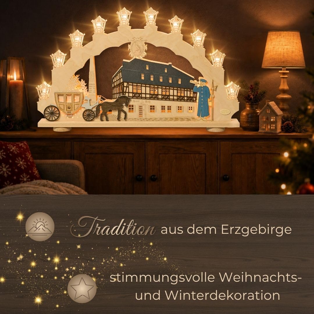 weigla - Schwibbogen original Erzgebirge I Motiv Zwönitz I LED Lichterbogen Weihnachten I 15 Lampenkerzen + 1 Ersatzlampe I 15 x 16 V, 0,2 W, E10 I beleuchtete Weihnachtsdeko innen I aus Holz