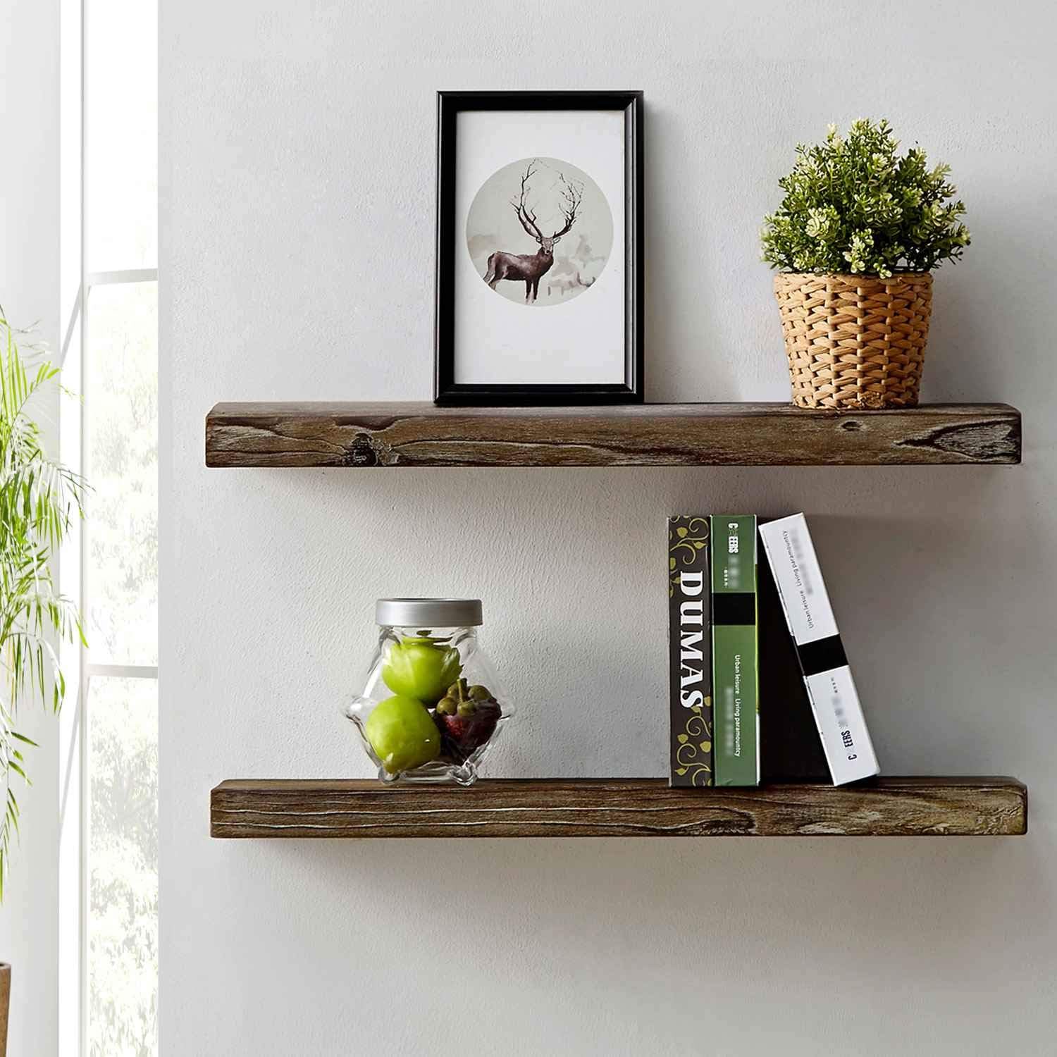 HSH Rustic Wall Shelf, Reclaimed Solid Wood Floating Shelf, Vintage Industrial Antique Mounted Wooden Shelving, Natural Pine, 28 Inch, Set of 2