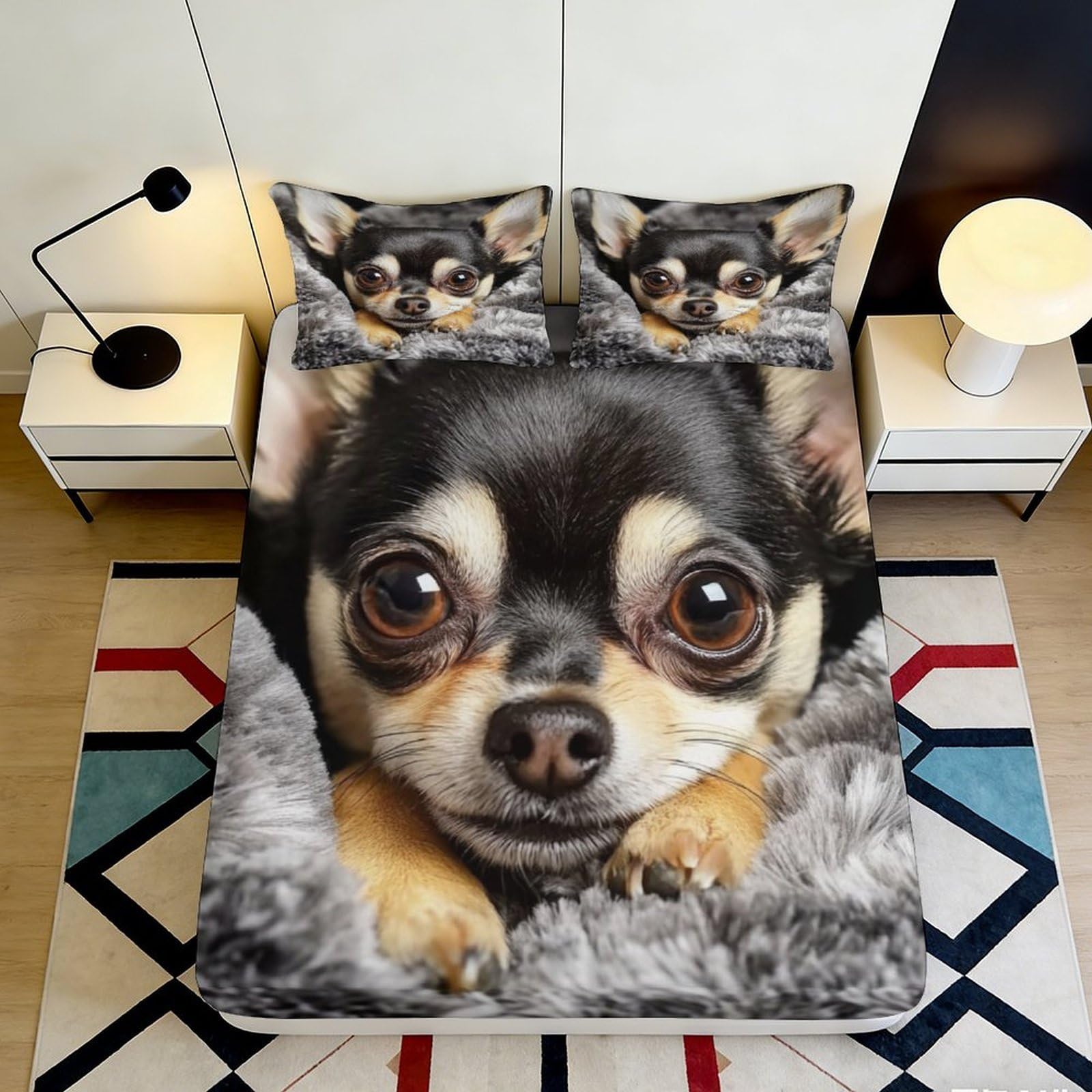 3D Printed Chihuahua Dog Fitted Sheet Microfiber Soft Non-Slip Bed Cover for Bedroom Dorm Mattress Decor 90x200x25cm