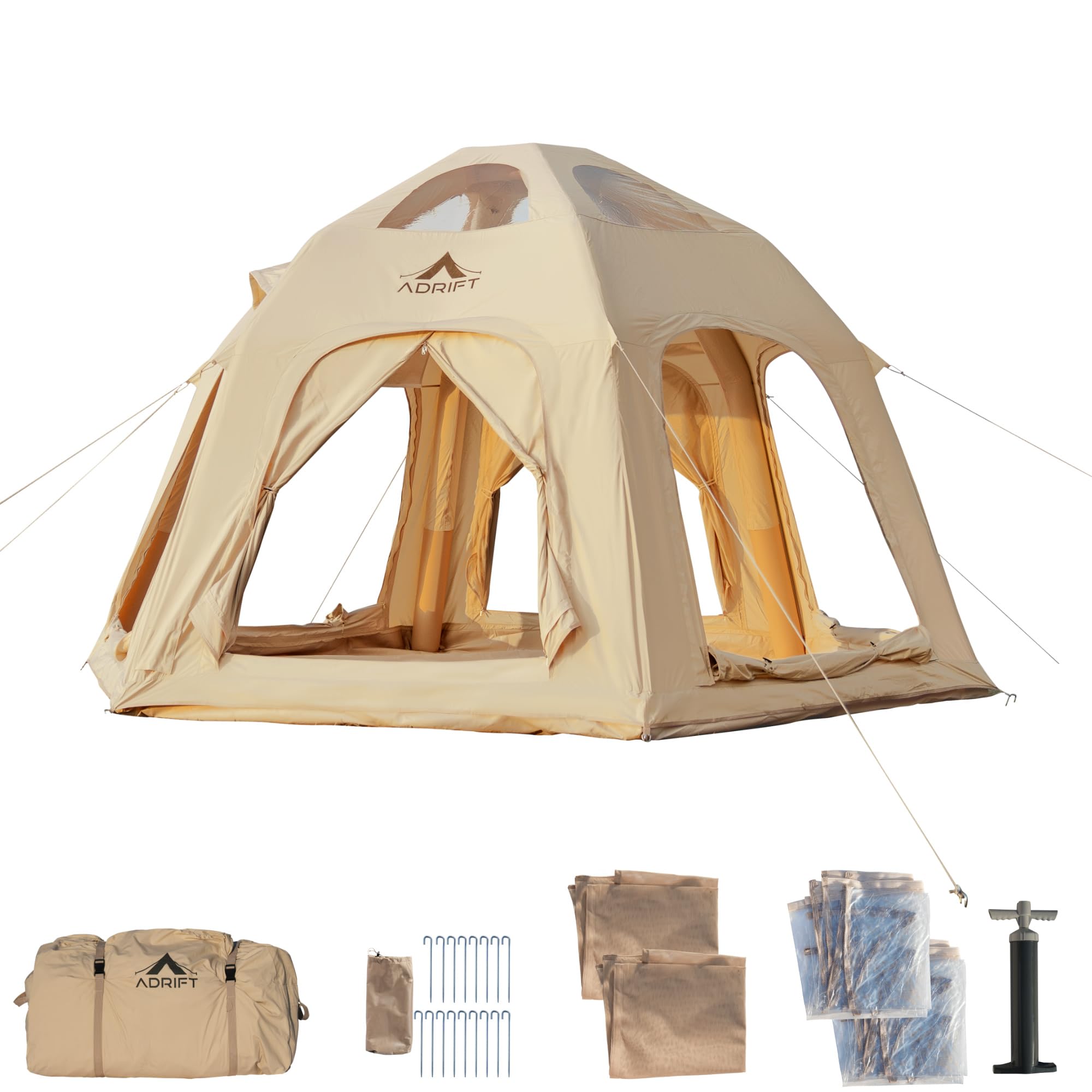 ADRIFT Large Inflatable Tents for Camping, Canvas Blow up Tent for Adult 2/4/8 Person, Easy Setup Inflatable Dome House Glamping Tents with Pump, 2 Room, Waterproof Hot Tent with Stove Jack