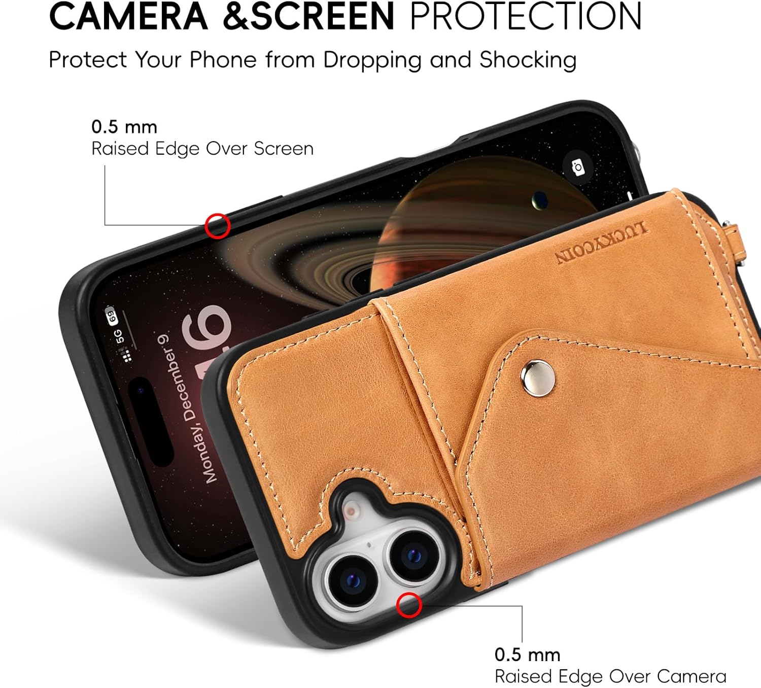 LUCKYCOIN for iPhone 17 Crossbody Wallet Case – Genuine Leather Phone Purse with Adjustable Strap and Card Holder,Lanyard Phone Purse Case for Women,Vintage Tan
