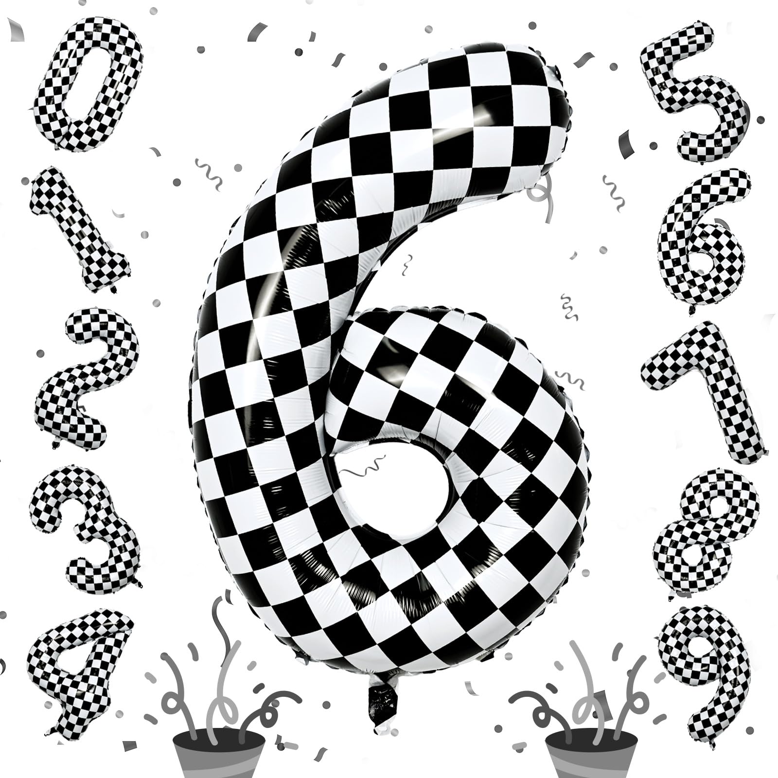 Giant Number Balloons 6, Black and White Checkered Self Inflating 0-9 Set Number Balloon for Kids, 40 Inch Foil Helium Racing 6 Balloon for Boys 6th